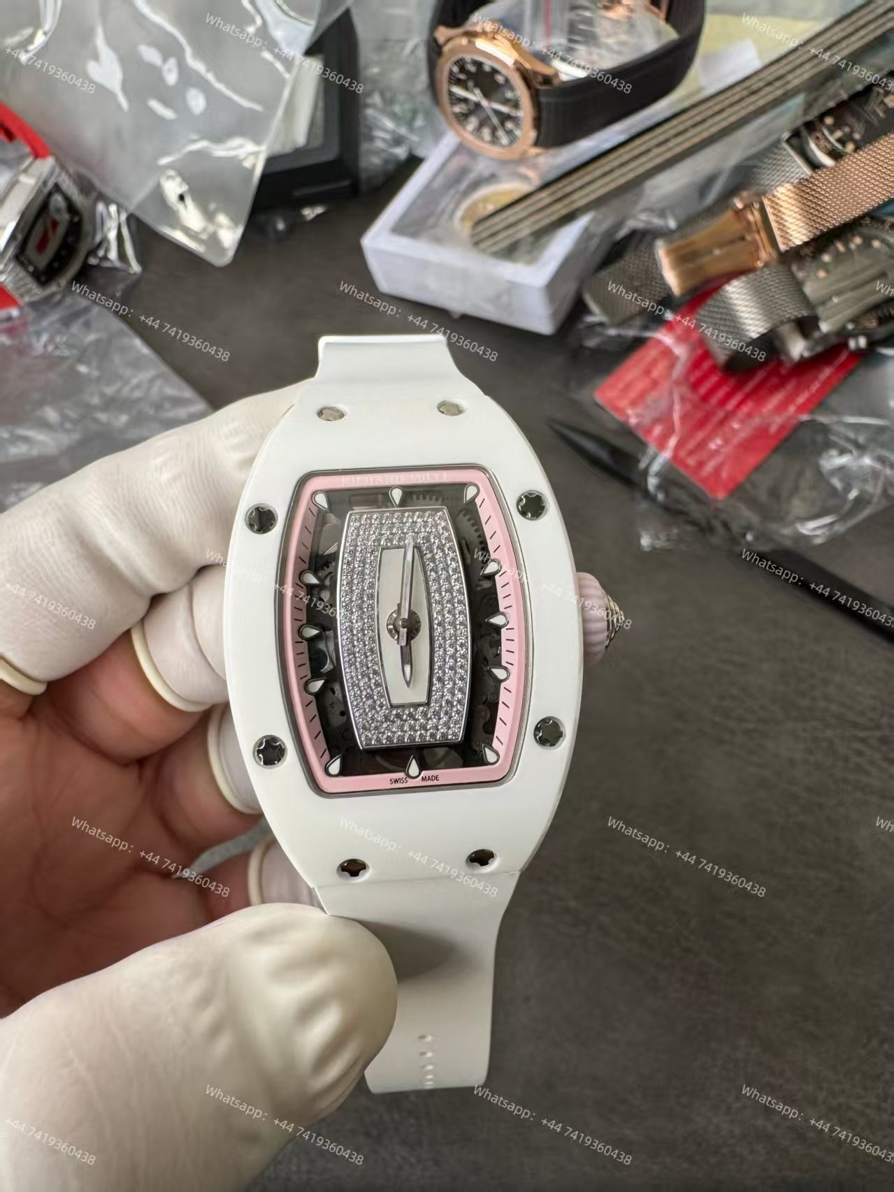 Super Clone Richard Mille RM 07-01 White Ceramic Pink Diamond 1:1 Replica Watch