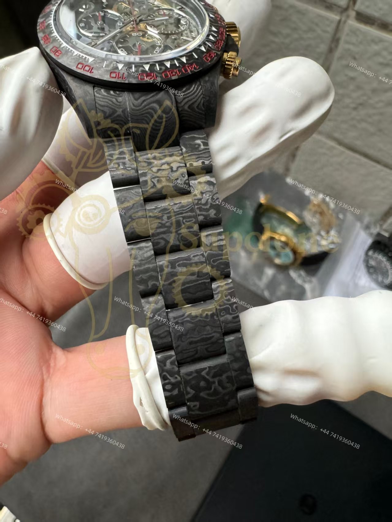 Rolex Super Clone Carbon Fiber Daytona Skeleton Red Accents Gold Pushers