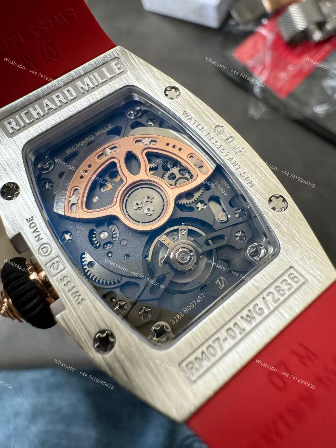 Super Clone Richard Mille RM 07 Full Diamond 1:1 Replica Watch with Red Rubber Strap