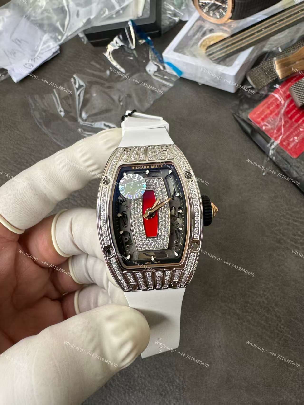 Super Clone Richard Mille RM 07 Full Diamond 1:1 Replica Watch with White Rubber Strap