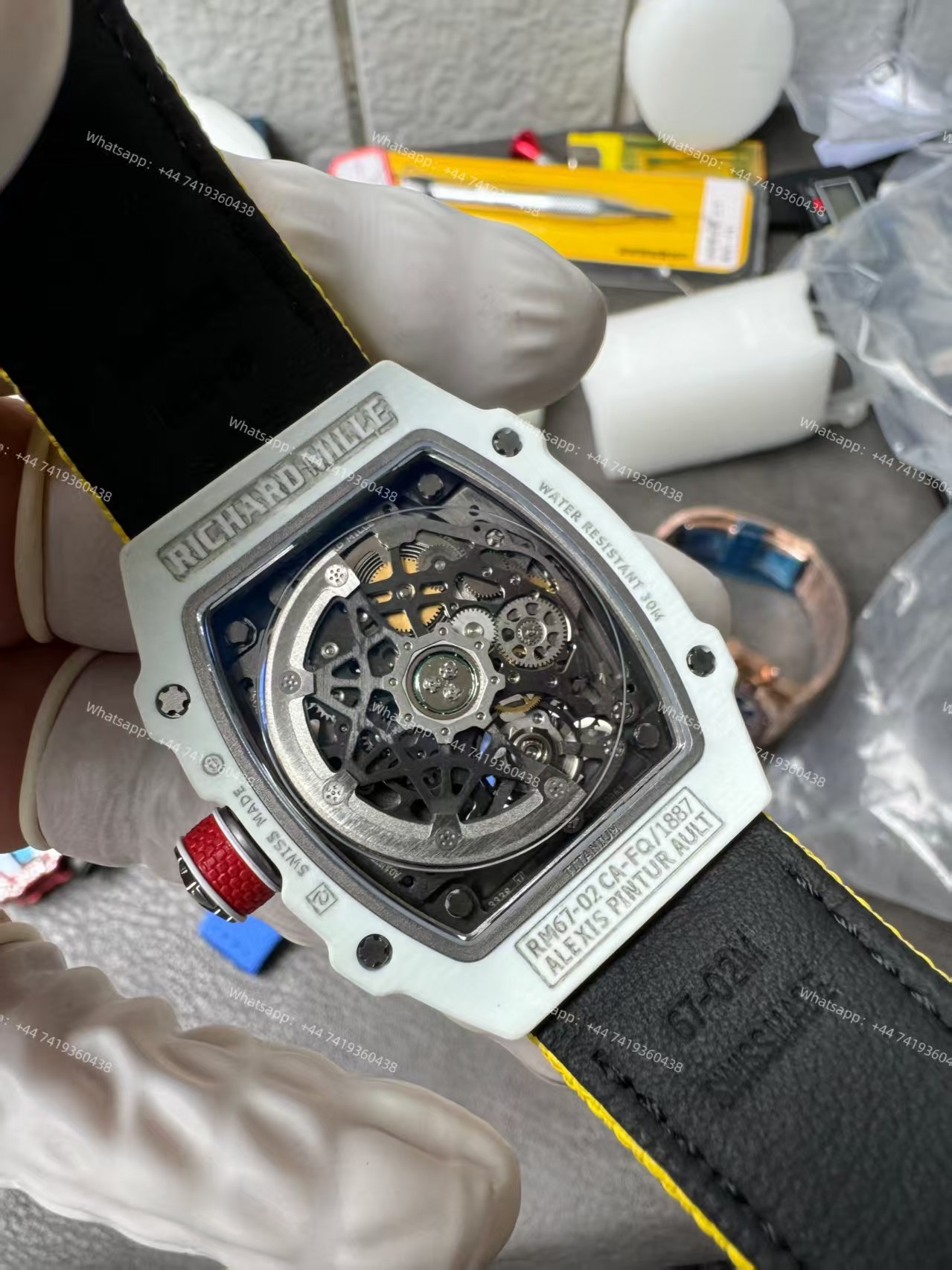 Super Clone Richard Mille RM67-02 White Ceramic Skeleton Tourbillon 1:1 Replica Watch with Yellow Strap