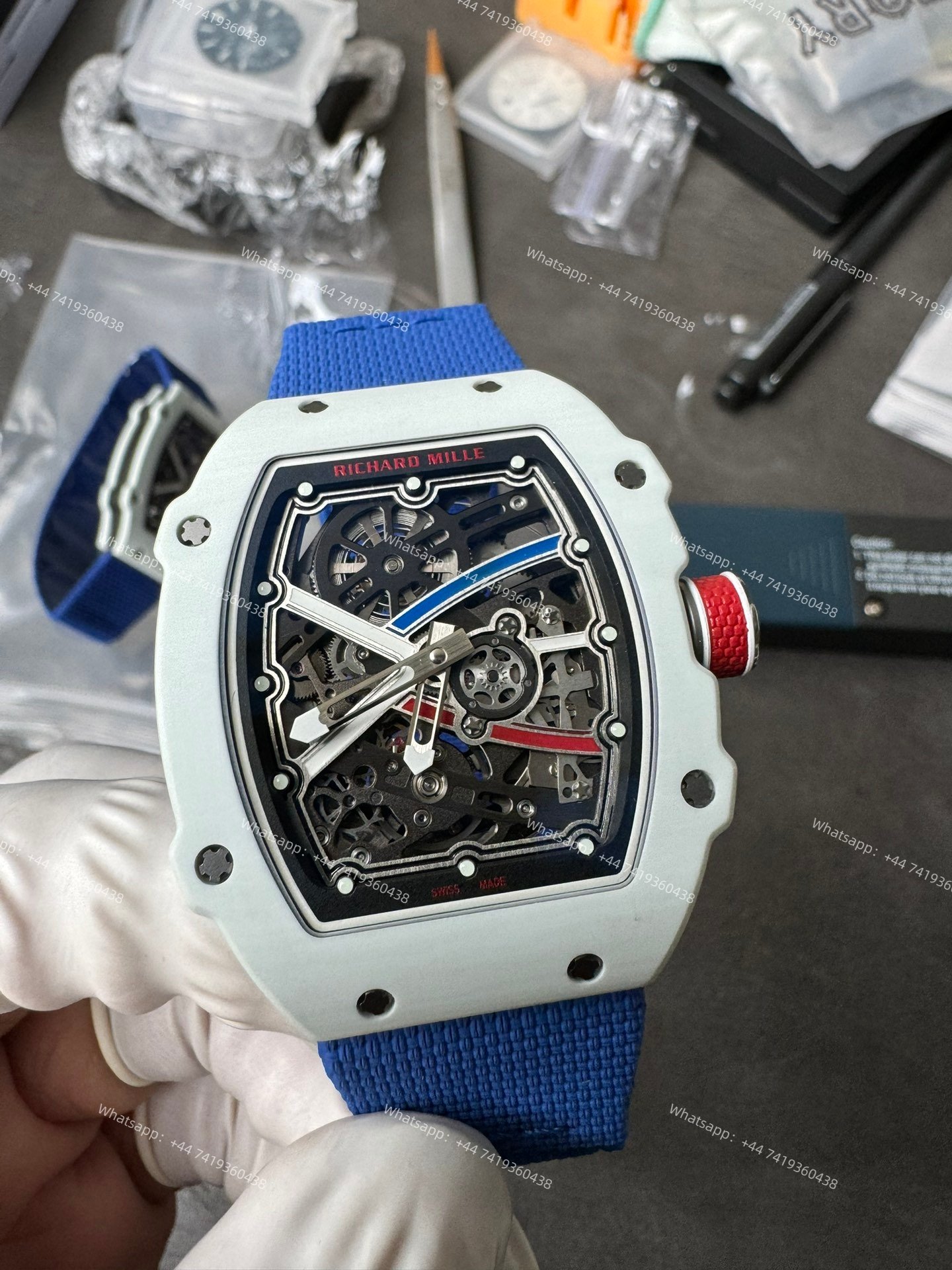 Super Clone Richard Mille RM67-02 White Ceramic Skeleton Tourbillon 1:1 Replica Watch with Blue Strap