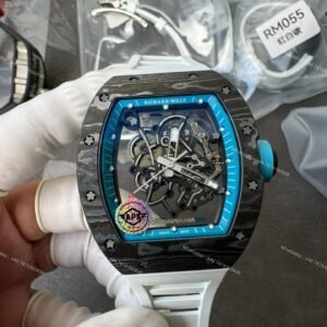 Super Clone Richard Mille RM 055 Carbon TPT Blue Inner Bezel White Rubber Strap 1:1 Replica Watch