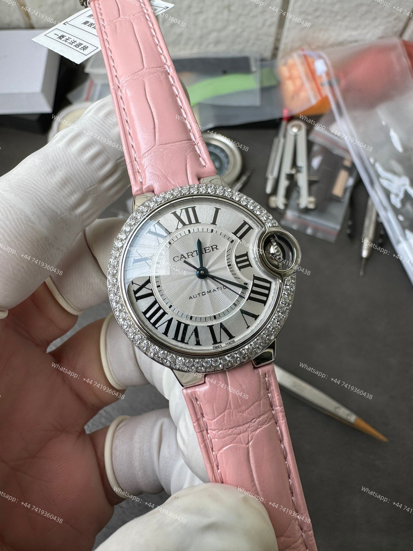 Cartier Super Clone Ballon Bleu Diamond Bezel 33MM Pink Leather Strap