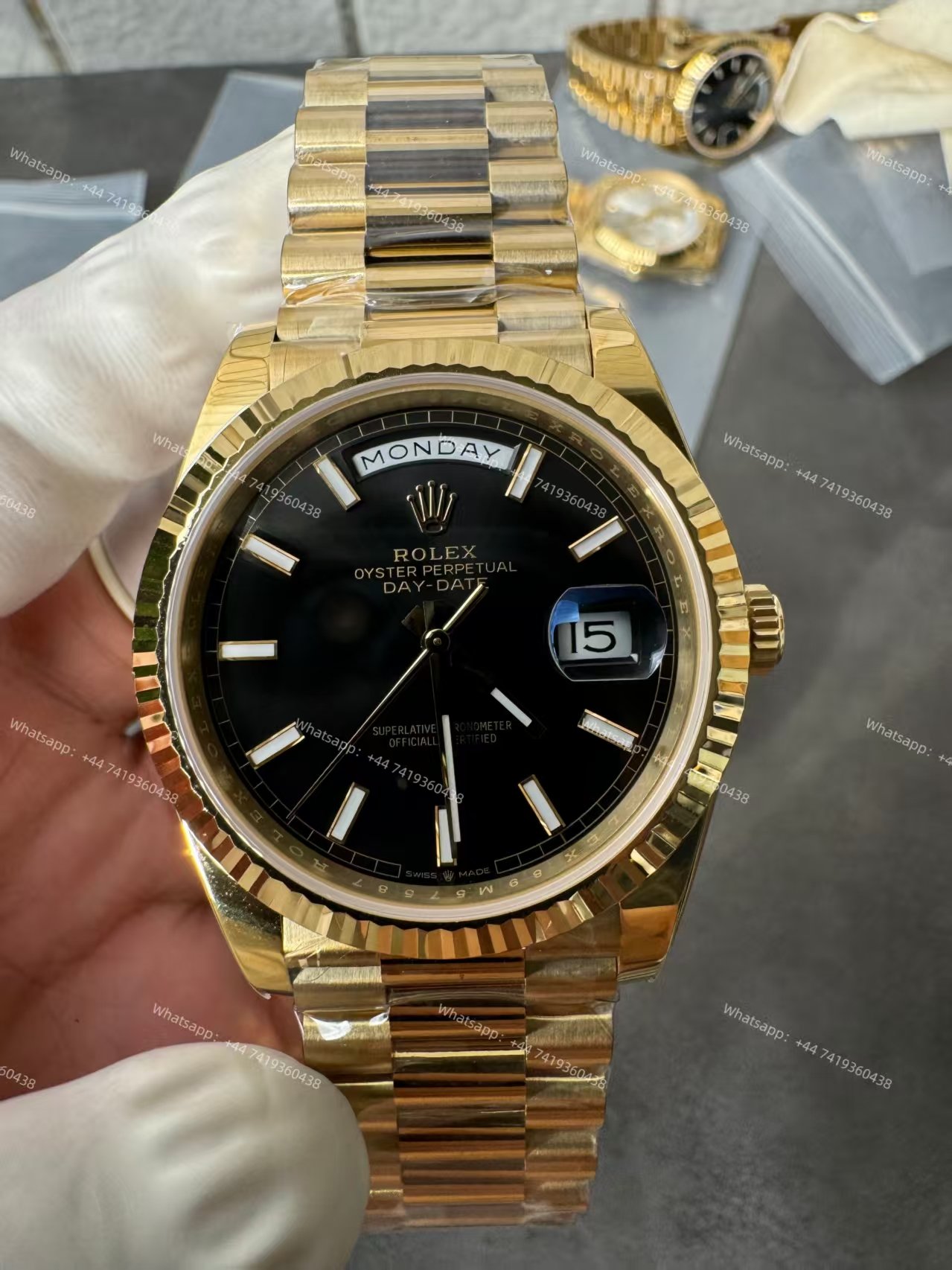 Rolex Day-Date M228238-0067 1:1 Replica Gold Black Dial 40MM 3255 Movement Presidential Bracelet Super Clone Watch