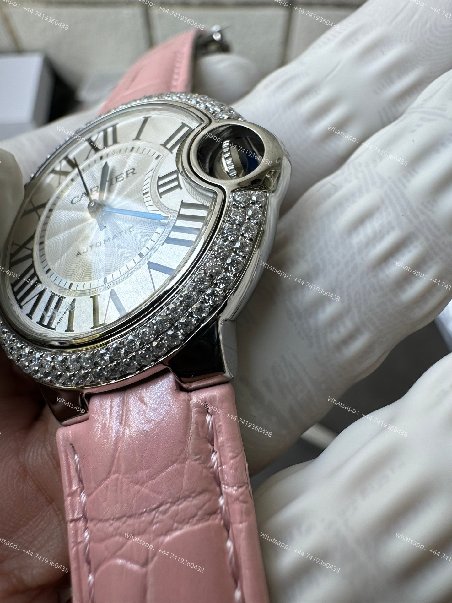 Cartier Super Clone Ballon Bleu Diamond Bezel 33MM Pink Leather Strap