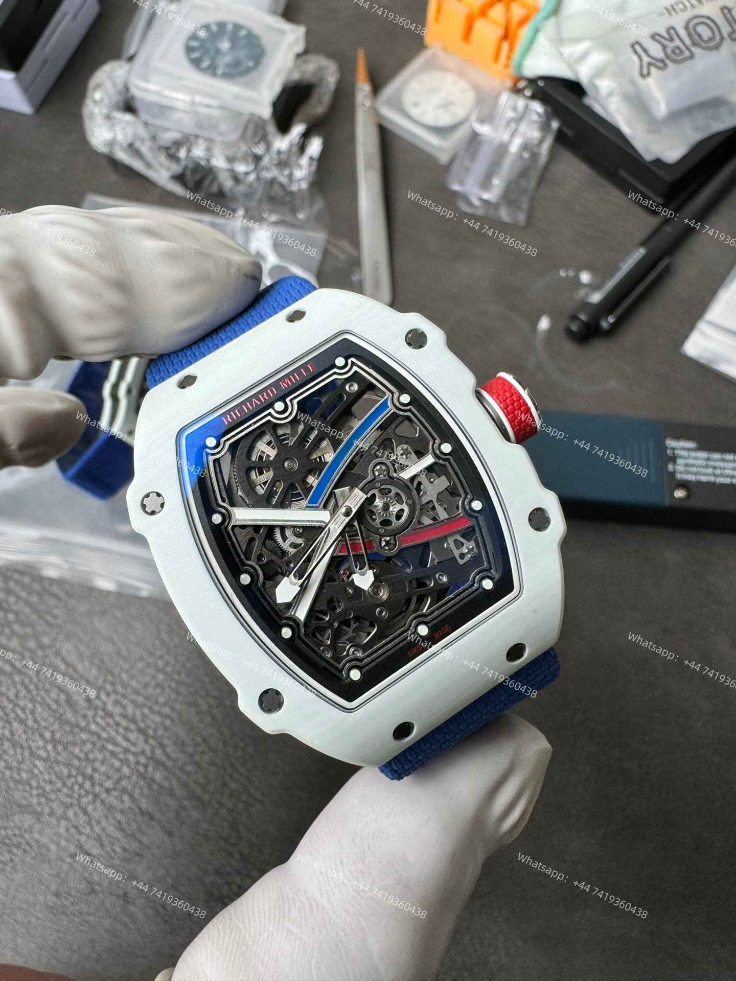 Super Clone Richard Mille RM67-02 White Ceramic Skeleton Tourbillon 1:1 Replica Watch with Blue Strap