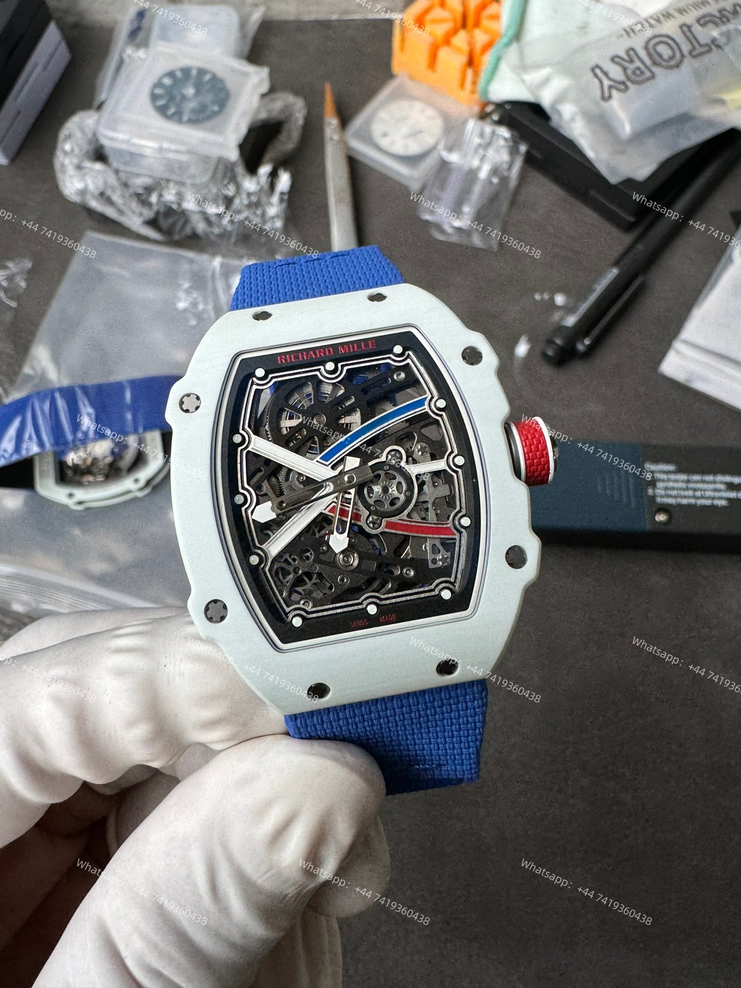 Super Clone Richard Mille RM67-02 White Ceramic Skeleton Tourbillon 1:1 Replica Watch with Blue Strap