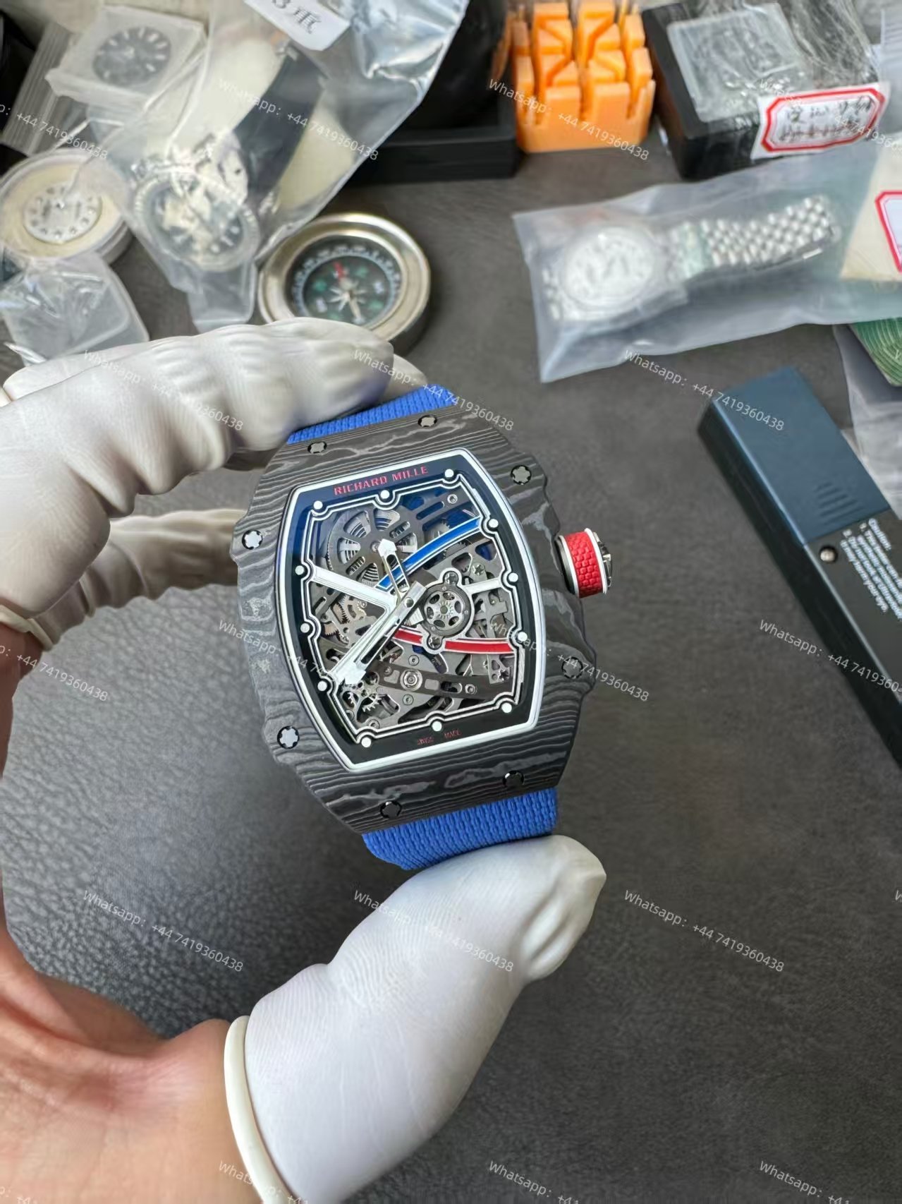 Super Clone Richard Mille RM67-02 Carbon TPT Skeleton Tourbillon 1:1 Replica Watch with Blue Strap