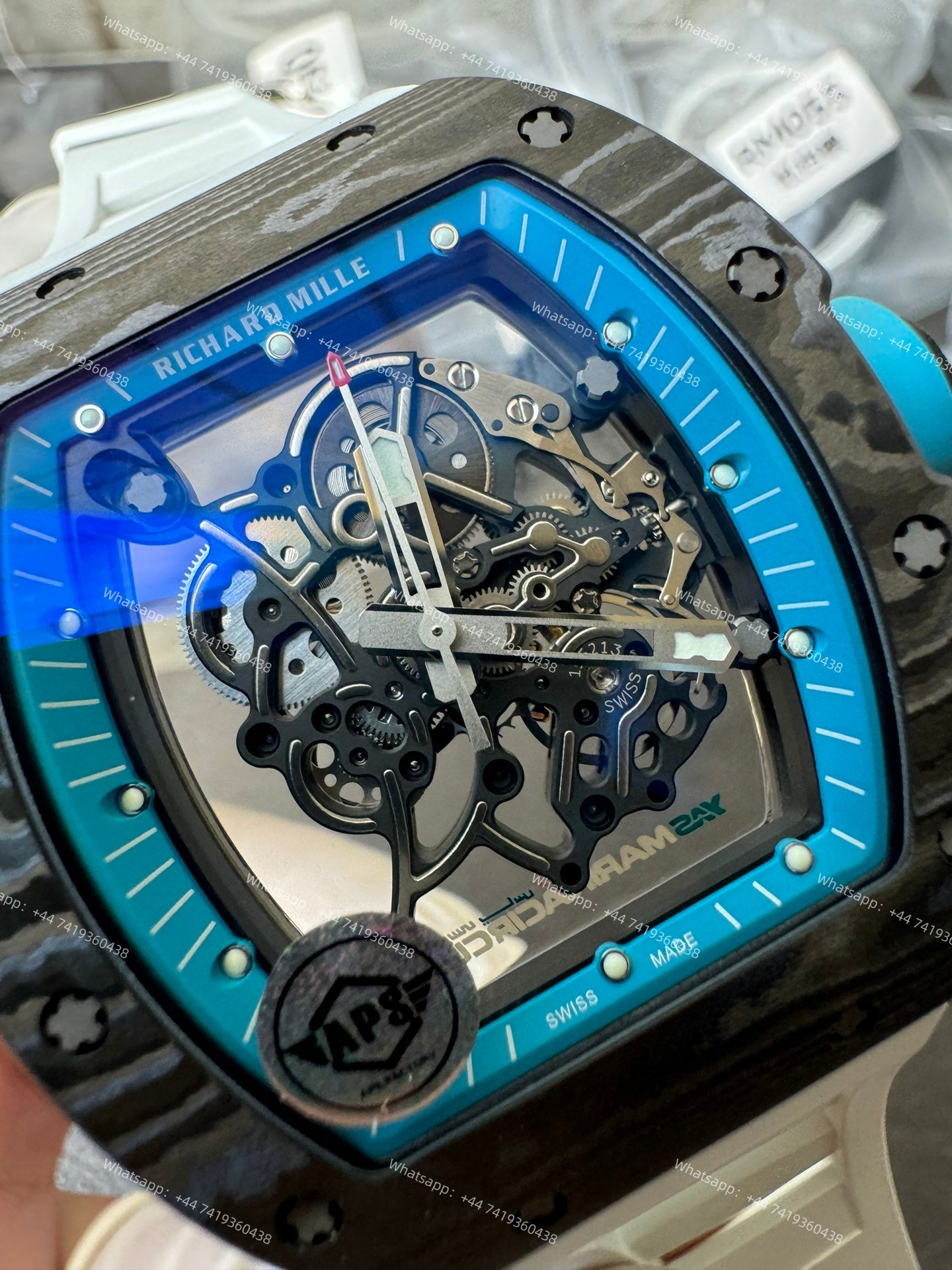 Super Clone Richard Mille RM 055 Carbon TPT Blue Inner Bezel White Rubber Strap 1:1 Replica Watch