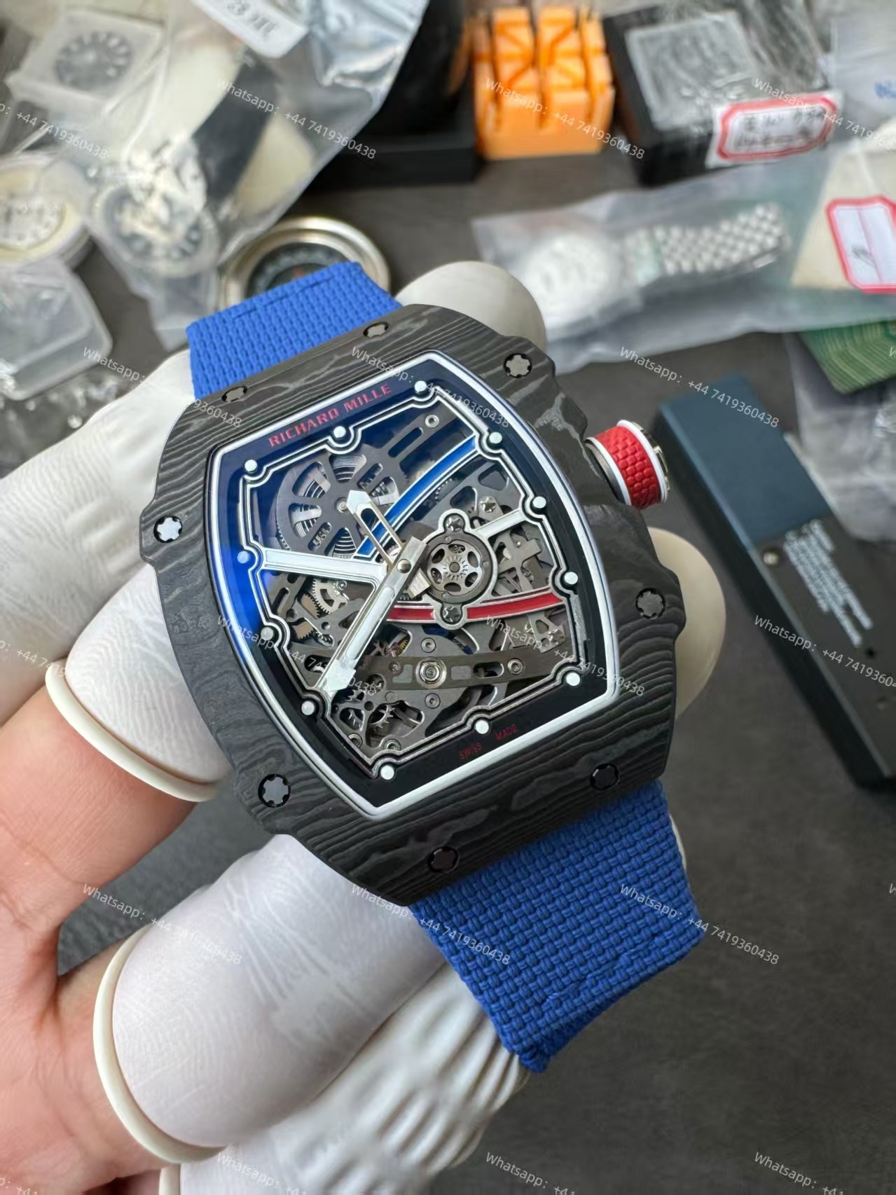 Super Clone Richard Mille RM67-02 Carbon TPT Skeleton Tourbillon 1:1 Replica Watch with Blue Strap