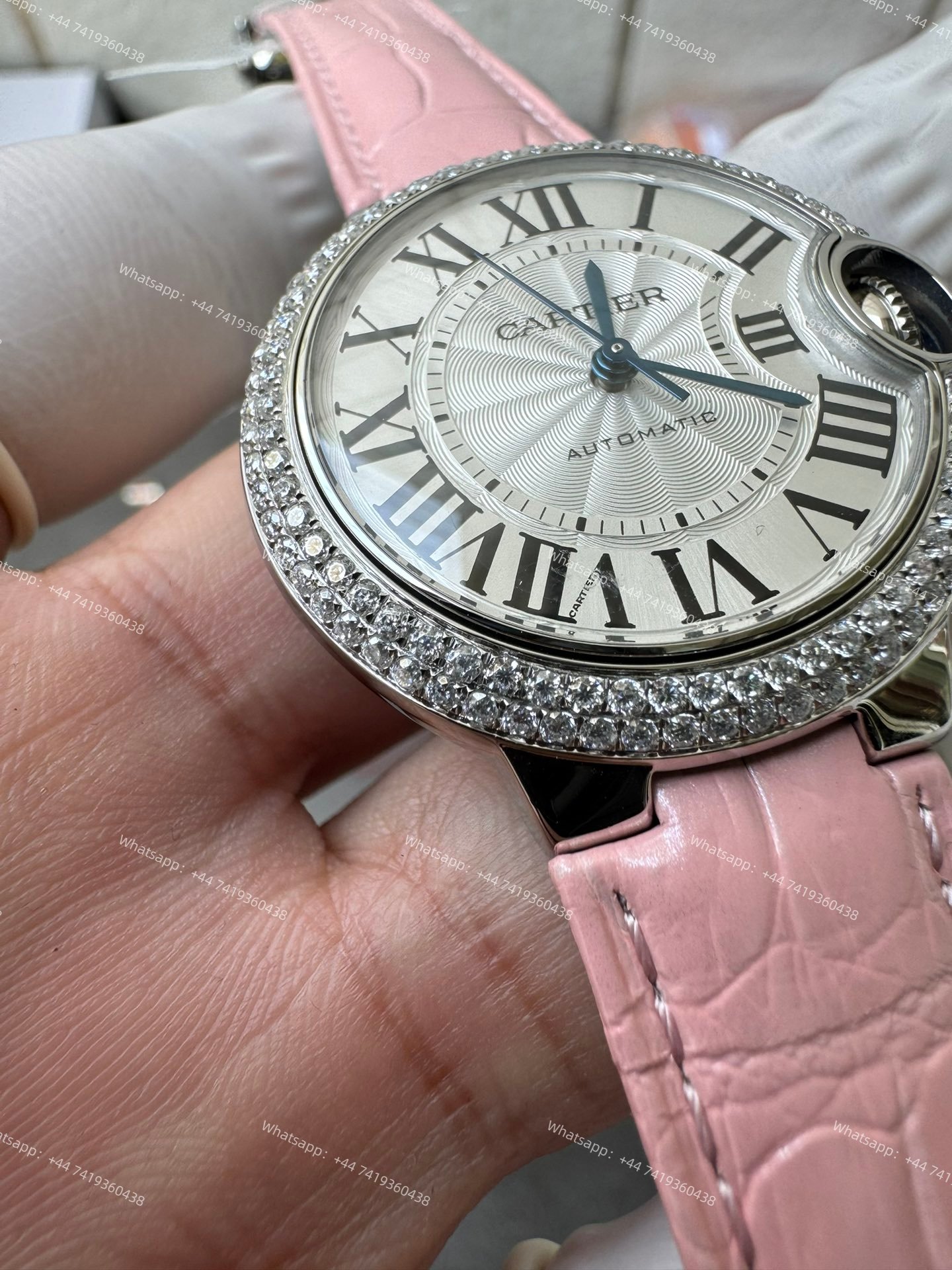 Cartier Super Clone Ballon Bleu Diamond Bezel 33MM Pink Leather Strap