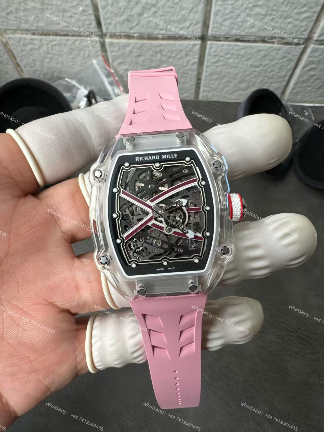 Super Clone Richard Mille RM67-02 Sapphire Crystal Skeleton Tourbillon 1:1 Replica Watch with Pink Rubber Strap