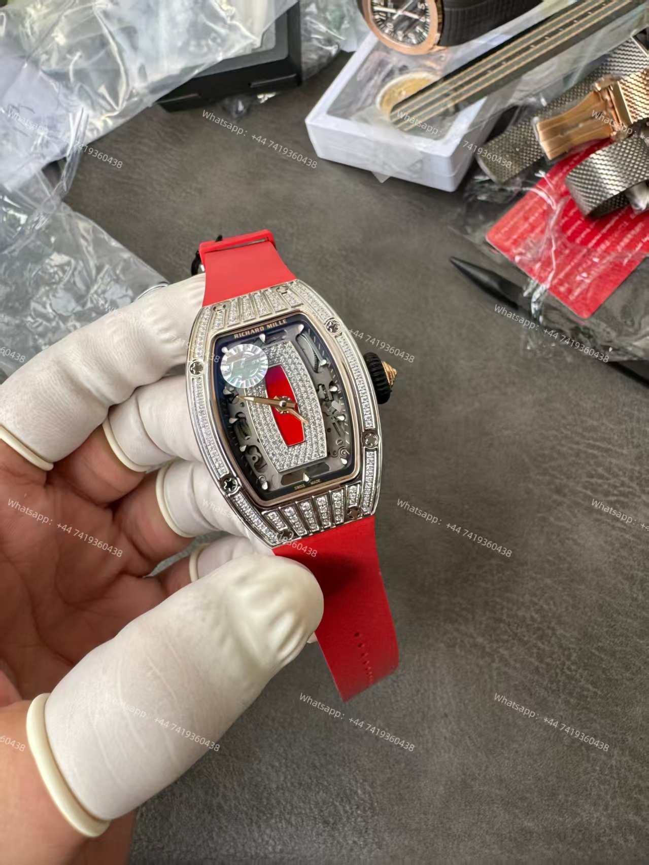 Super Clone Richard Mille RM 07 Full Diamond 1:1 Replica Watch with Red Rubber Strap
