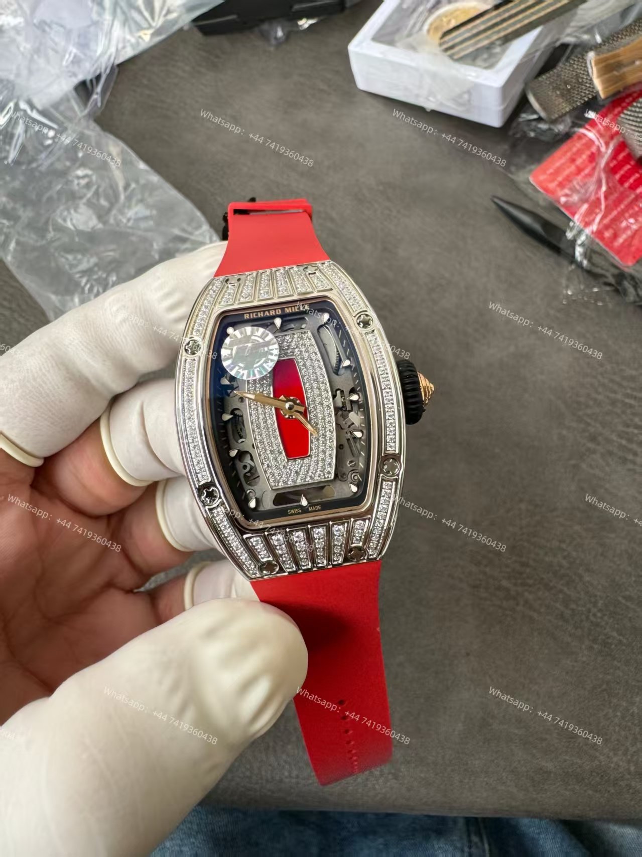 Super Clone Richard Mille RM 07 Full Diamond 1:1 Replica Watch with Red Rubber Strap