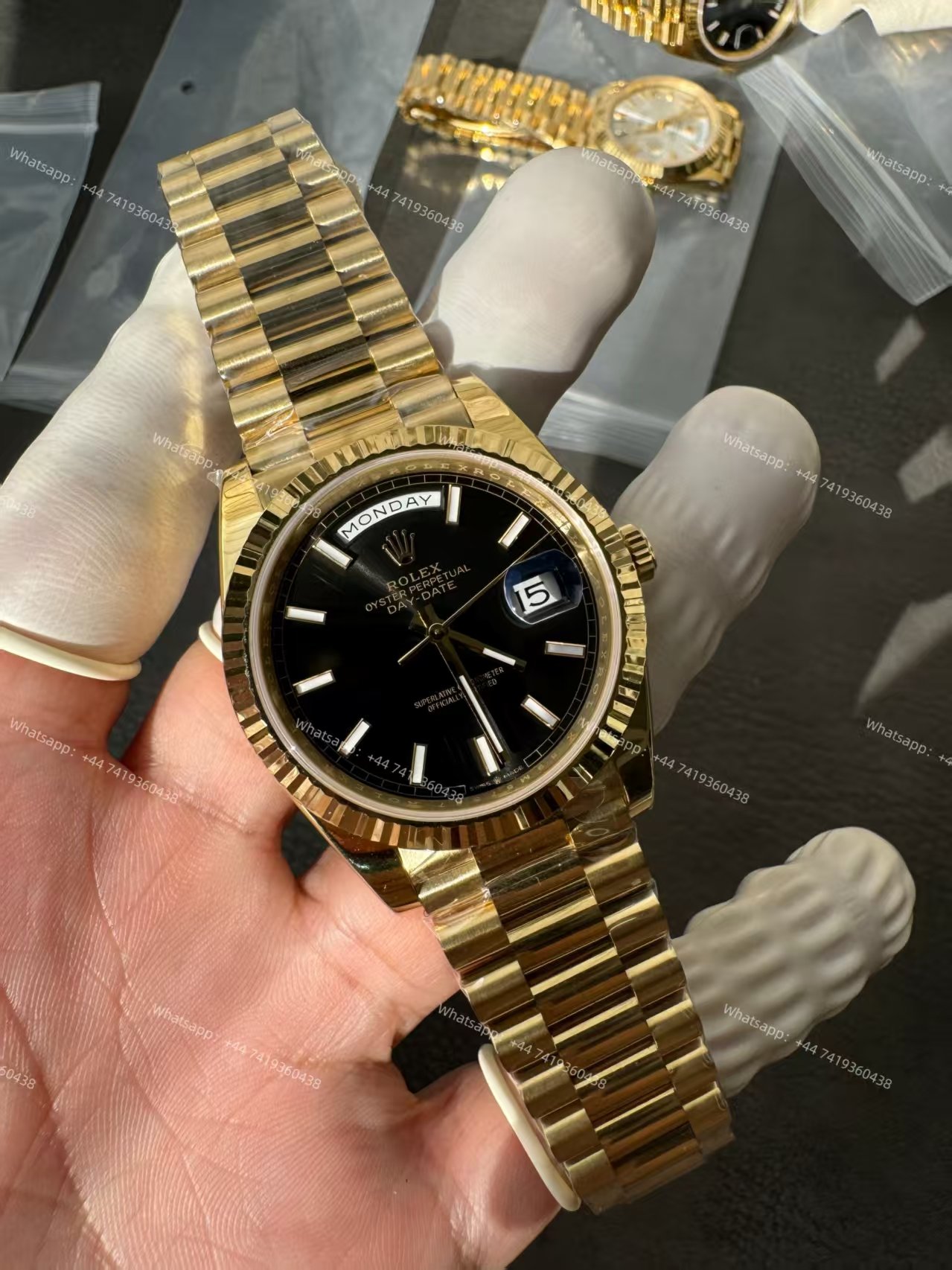 Rolex Day-Date M228238-0067 1:1 Replica Gold Black Dial 40MM 3255 Movement Presidential Bracelet Super Clone Watch