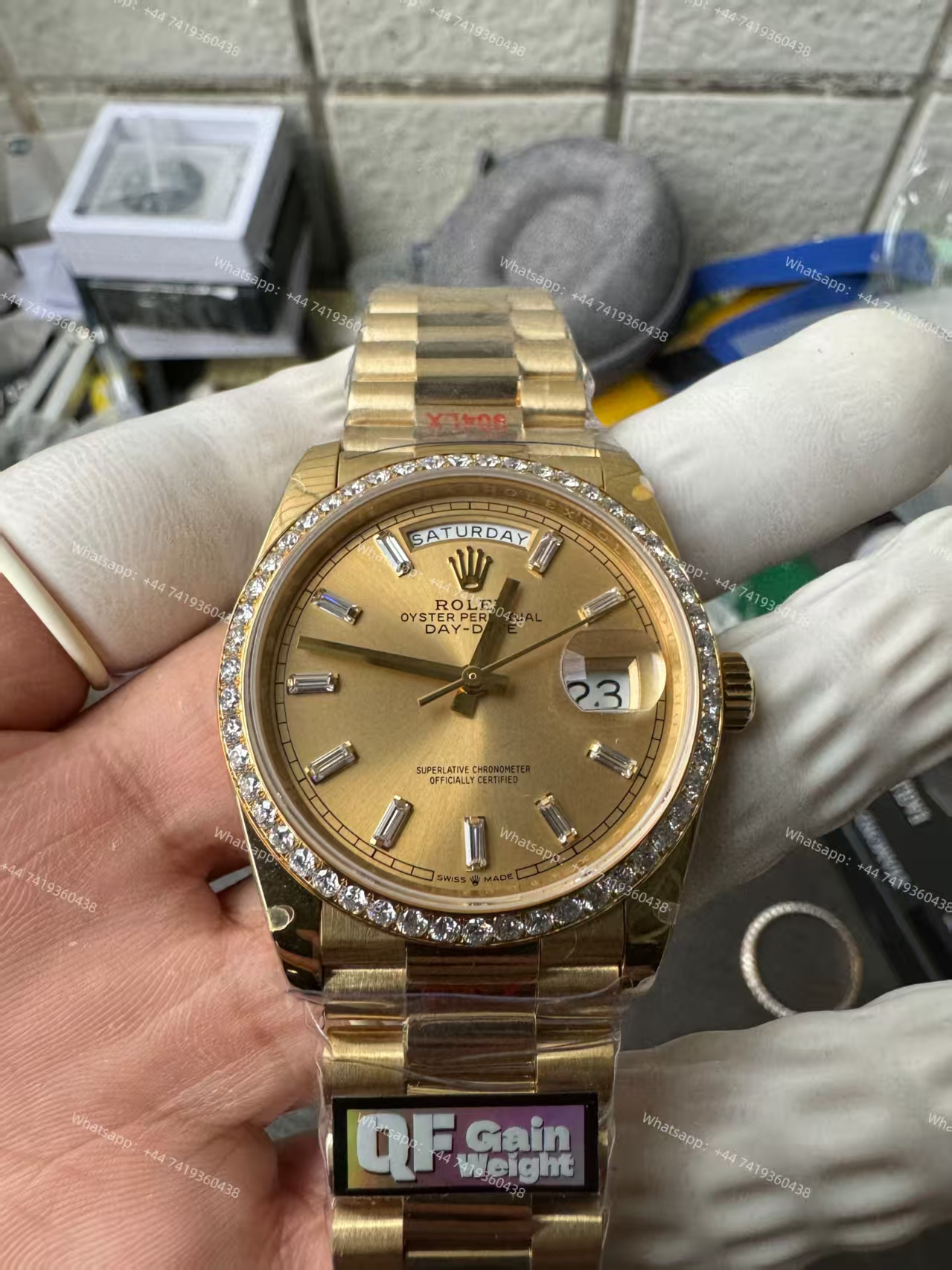 Rolex Day-Date M228348rbr-0002 Gold dial Mossanite bezel Presidential bracelet 3255 Movement (40mm) Best Super Clone