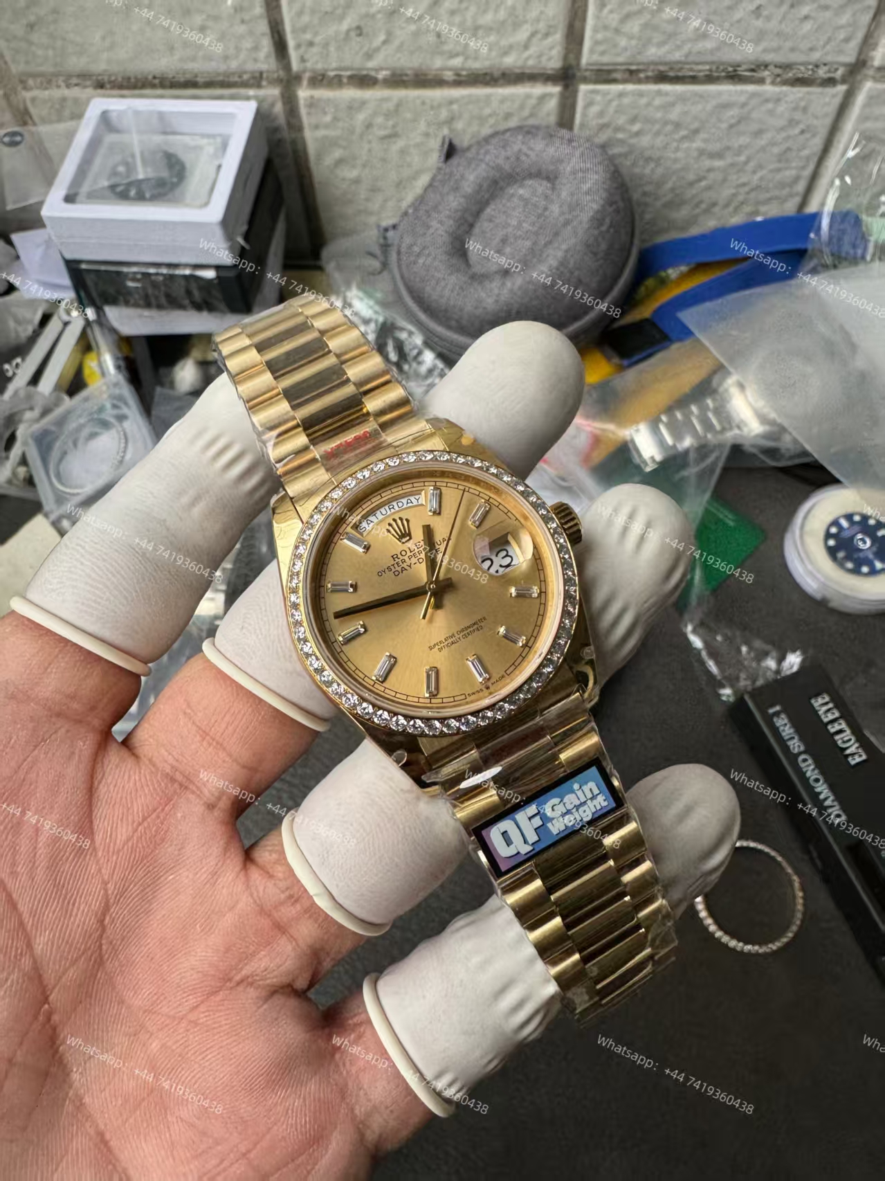Rolex Day-Date M228348rbr-0002 Gold dial Mossanite bezel Presidential bracelet 3255 Movement (40mm) Best Super Clone