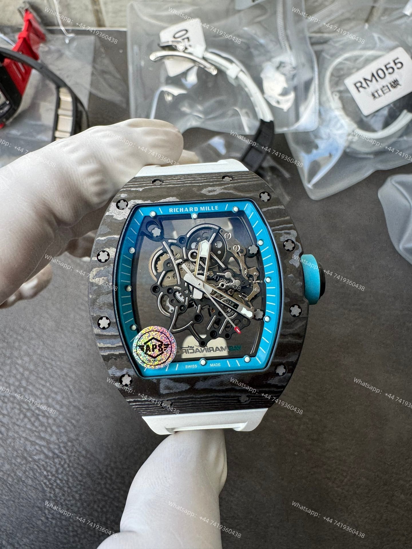 Super Clone Richard Mille RM 055 Carbon TPT Blue Inner Bezel White Rubber Strap 1:1 Replica Watch