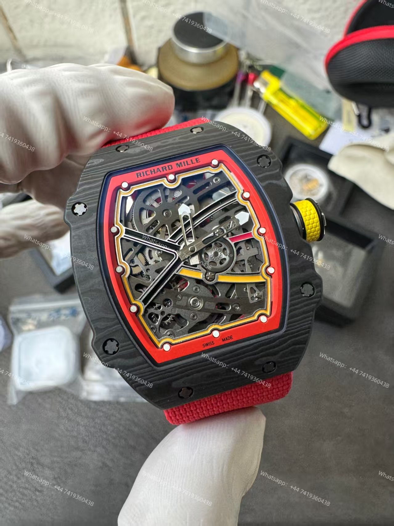 Super Clone Richard Mille RM67-02 Carbon TPT Skeleton Tourbillon 1:1 Replica Watch with Red Strap