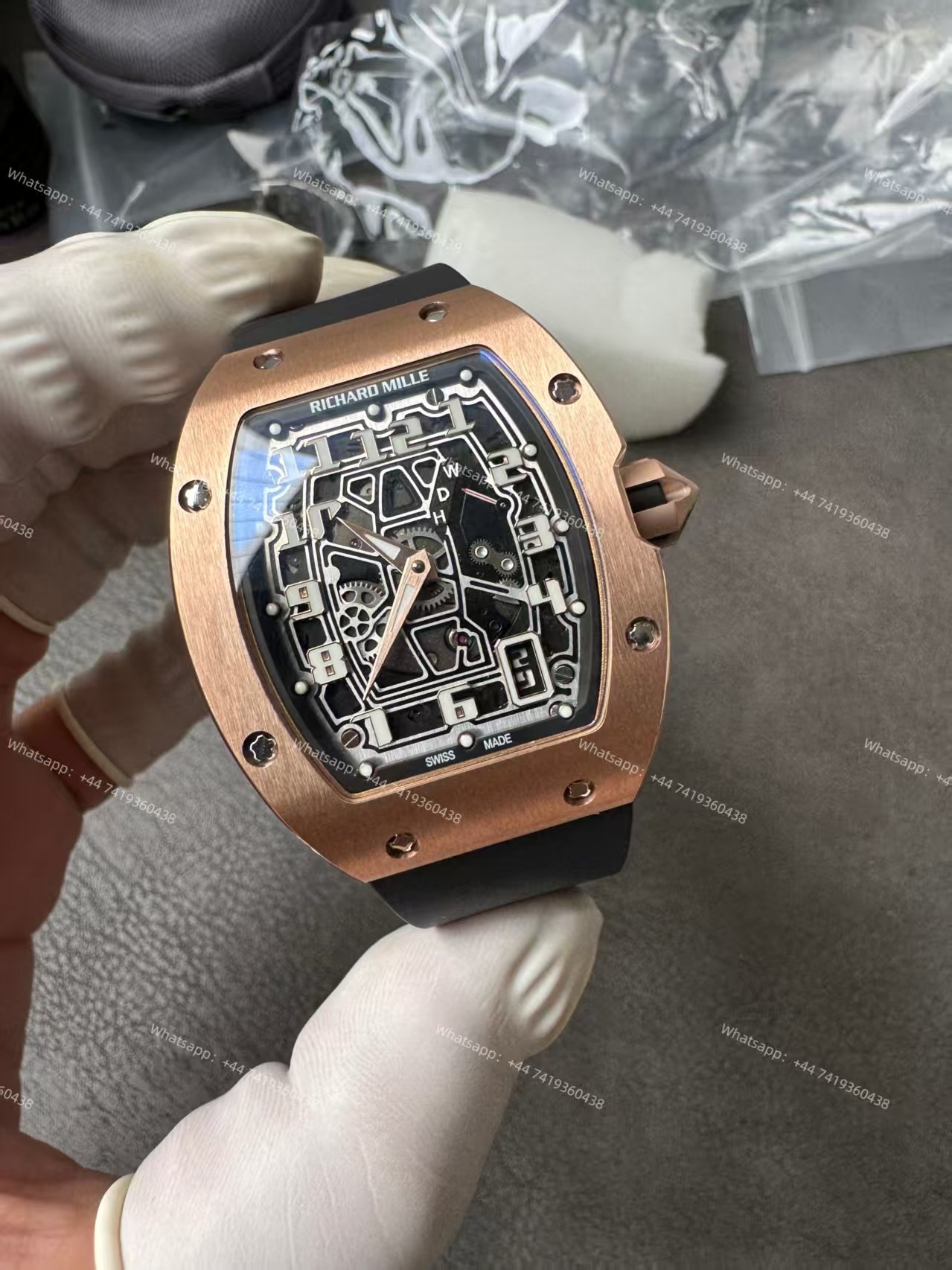 Super Clone Richard Mille RM 67-01 Rose Gold Skeleton Black Rubber Strap