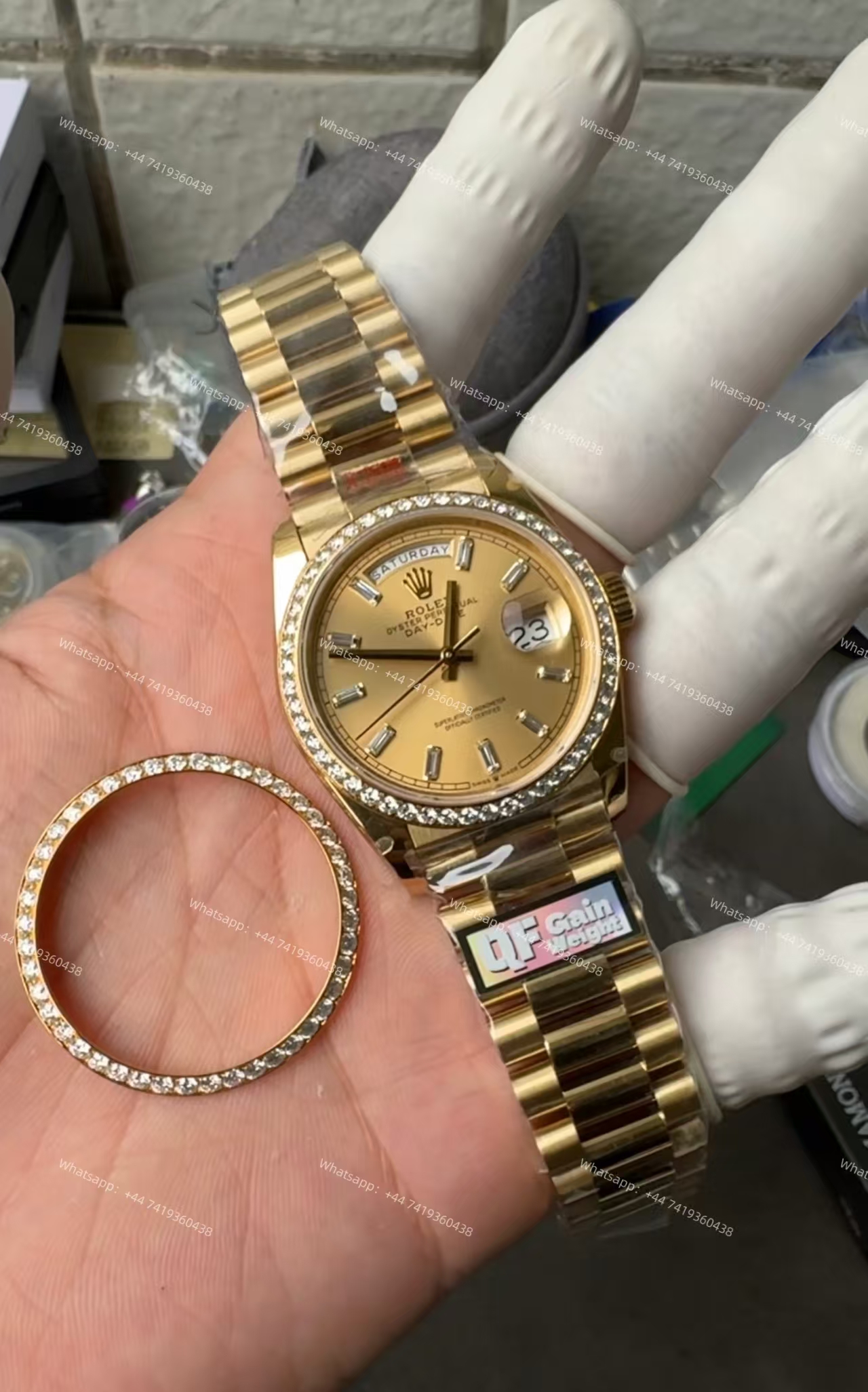Rolex Day-Date M228348rbr-0002 Gold dial Mossanite bezel Presidential bracelet 3255 Movement (40mm) Best Super Clone