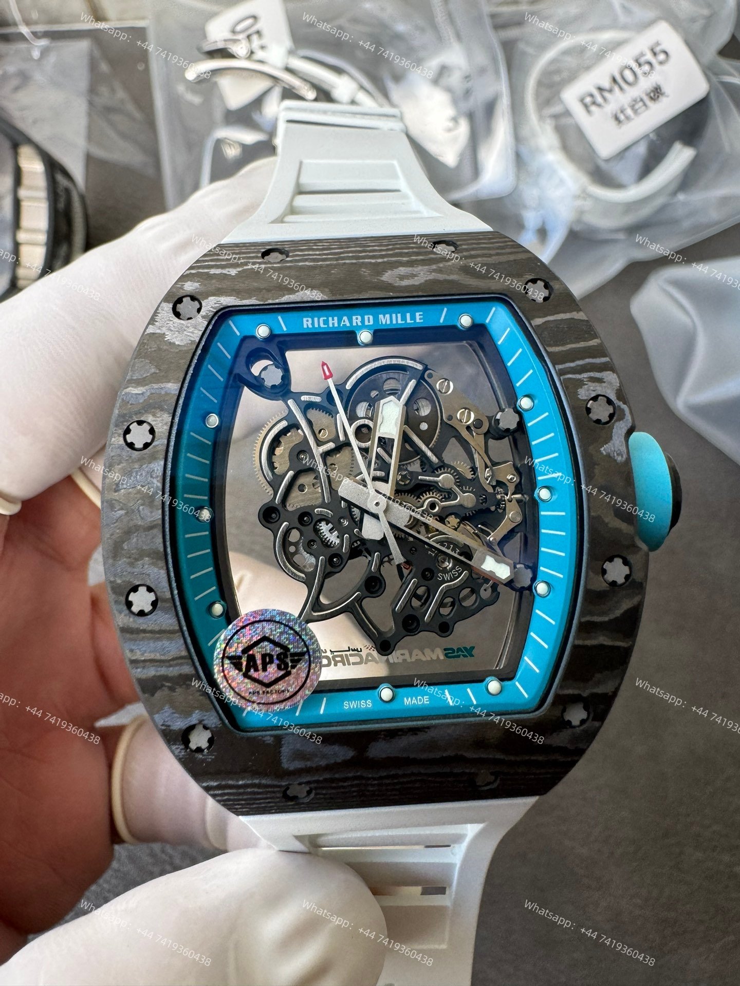 Super Clone Richard Mille RM 055 Carbon TPT Blue Inner Bezel White Rubber Strap 1:1 Replica Watch