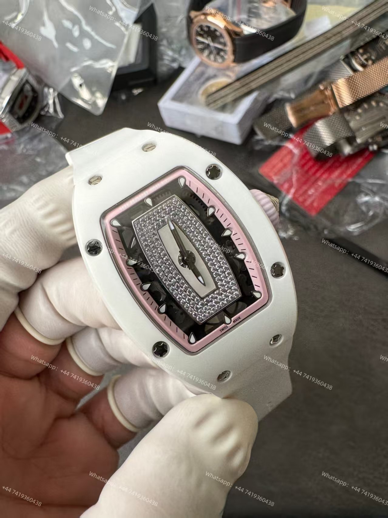Super Clone Richard Mille RM 07-01 White Ceramic Pink Diamond 1:1 Replica Watch