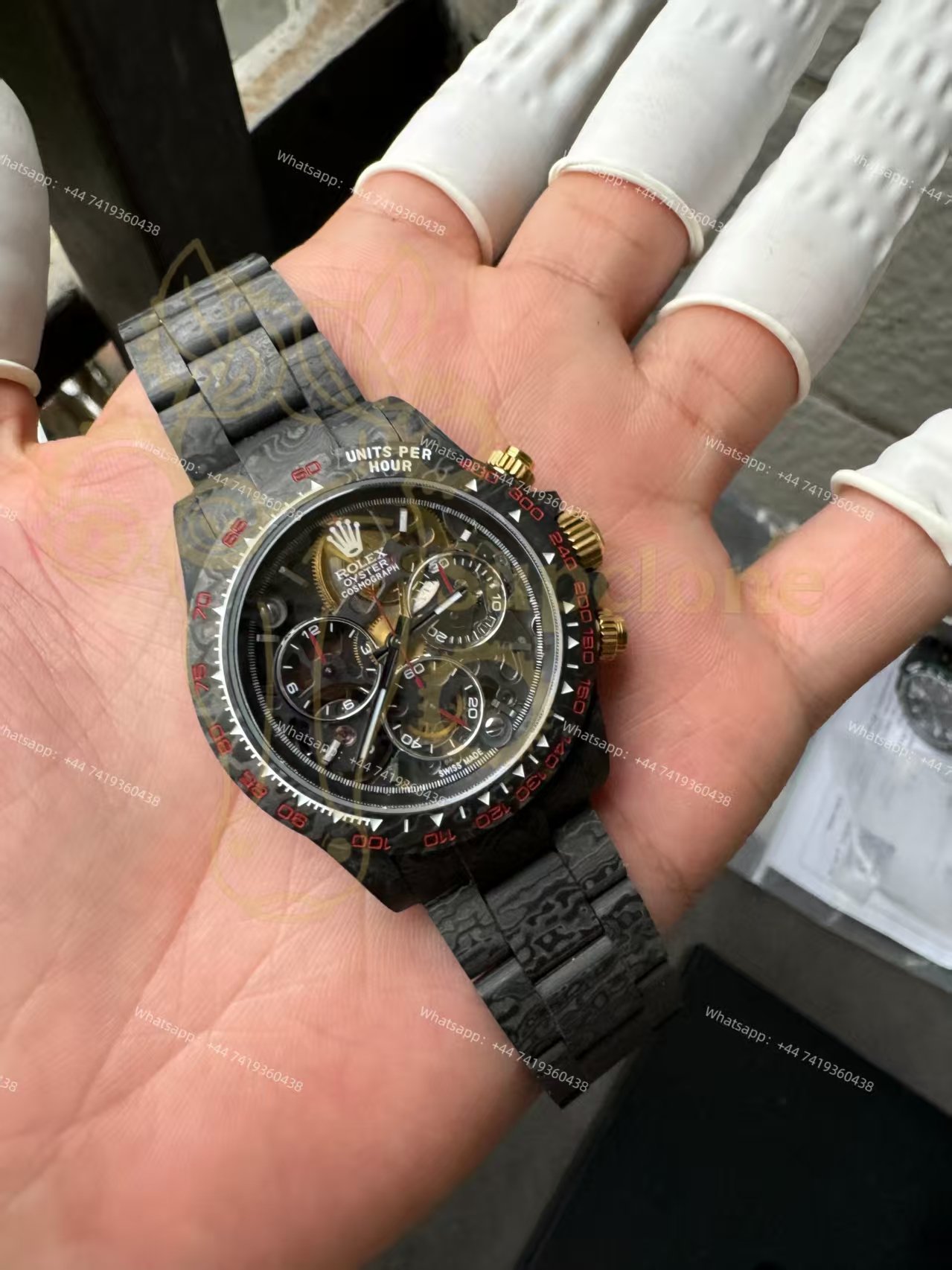 Rolex Super Clone Carbon Fiber Daytona Skeleton Red Accents Gold Pushers