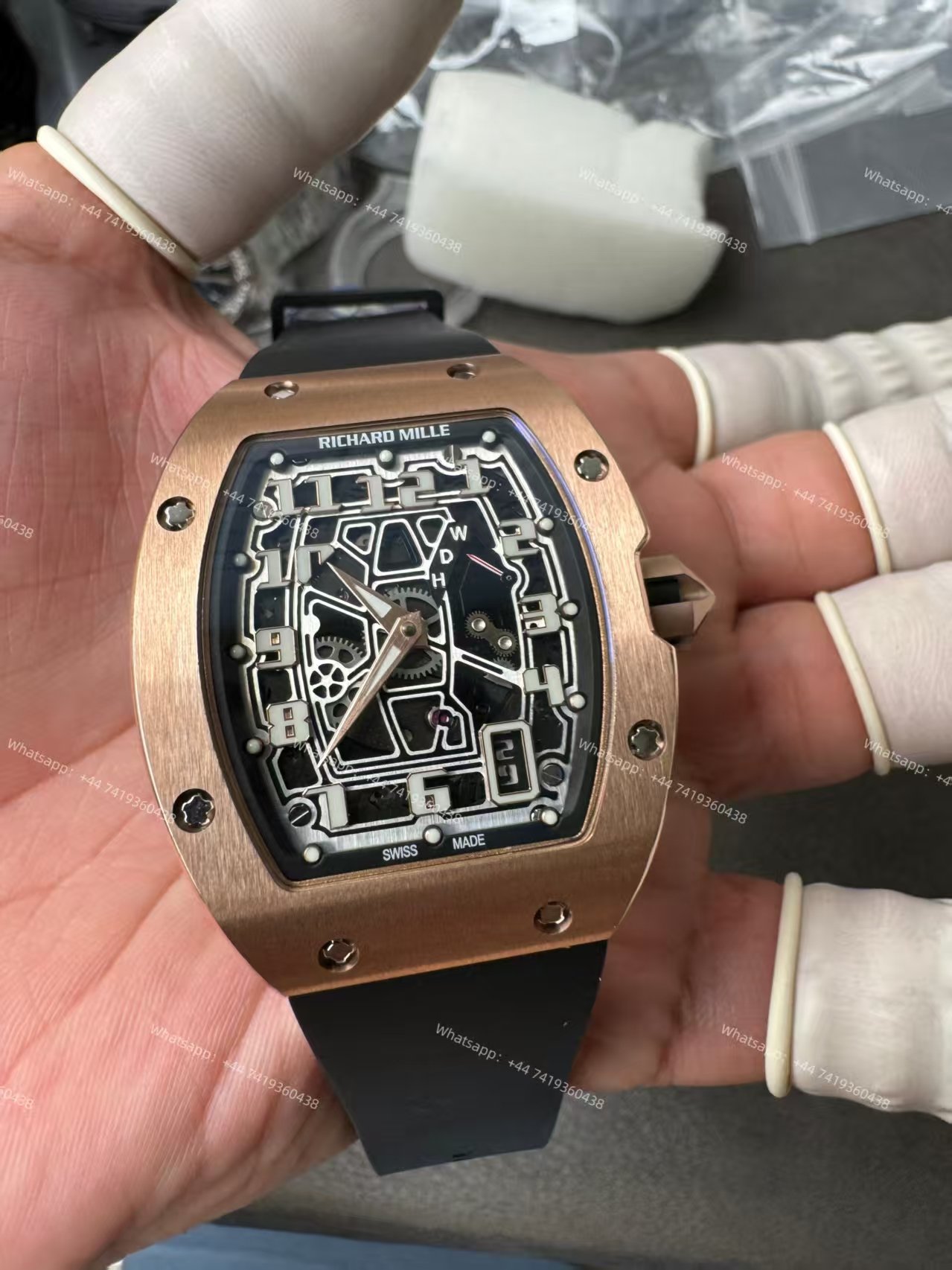 Super Clone Richard Mille RM 67-01 Rose Gold Skeleton Black Rubber Strap