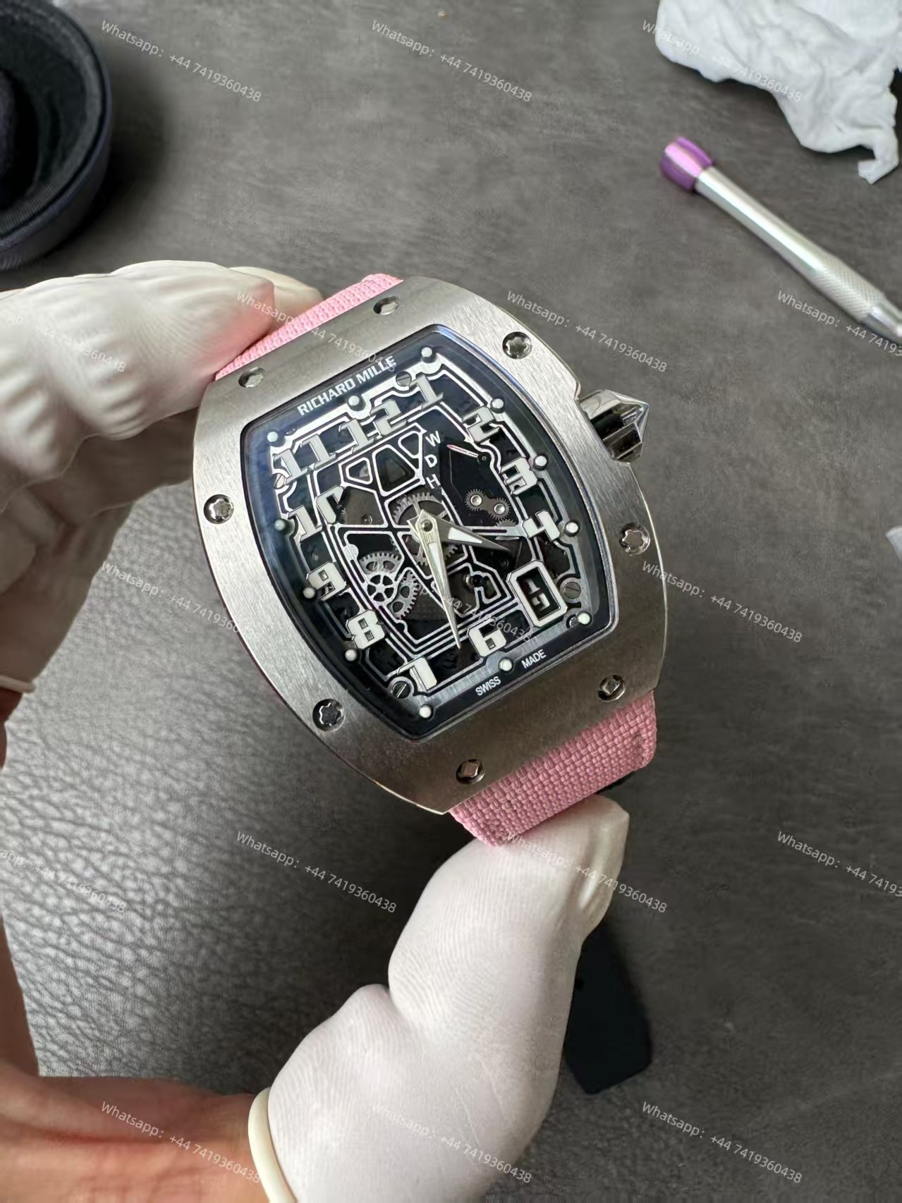 Super Clone Richard Mille RM 67-01 Titanium Skeleton Pink Velcro Strap
