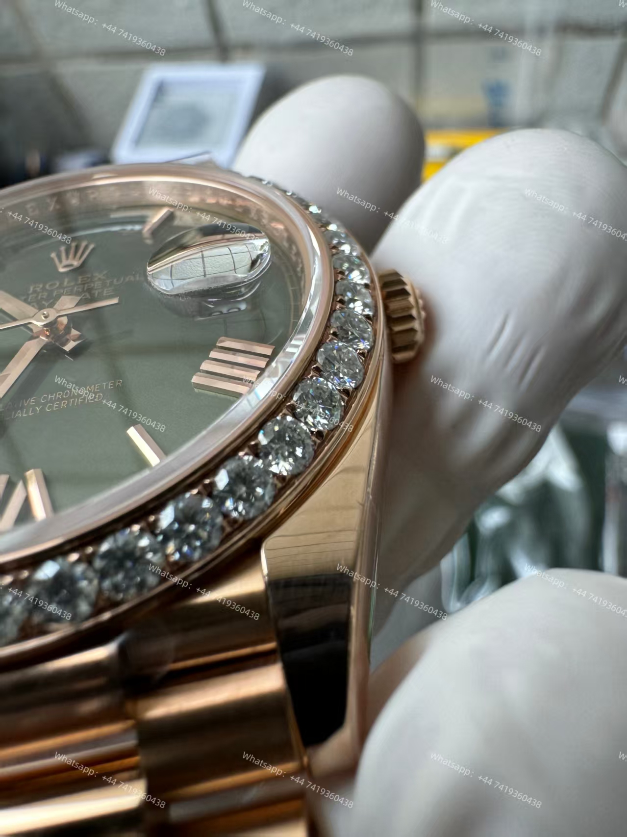 Rolex Day-Date m228345rbr-0011 Olive green dial Mossanite bezel Presidential bracelet 3255 Movement (40mm) Best Super Clone