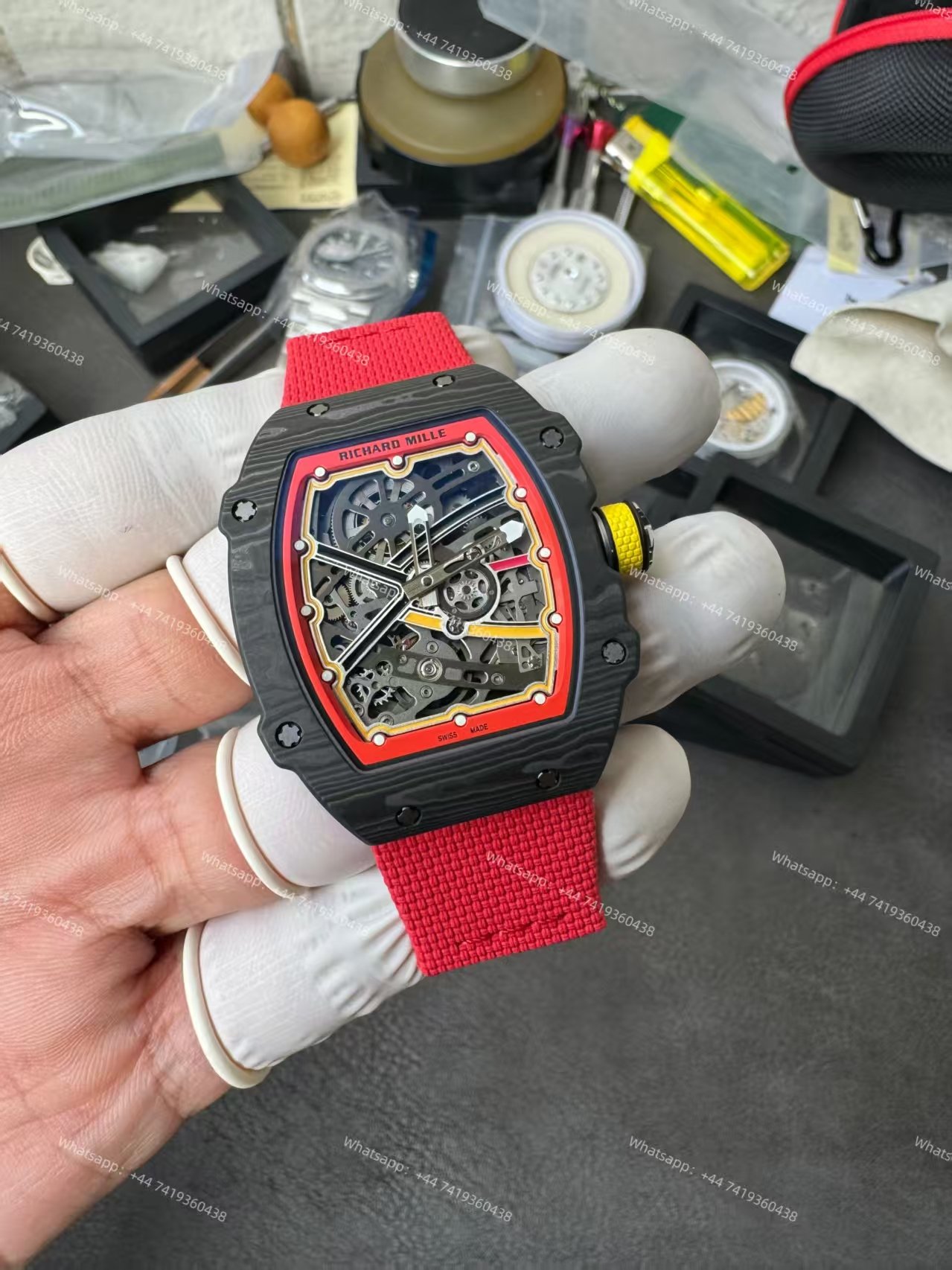 Super Clone Richard Mille RM67-02 Carbon TPT Skeleton Tourbillon 1:1 Replica Watch with Red Strap