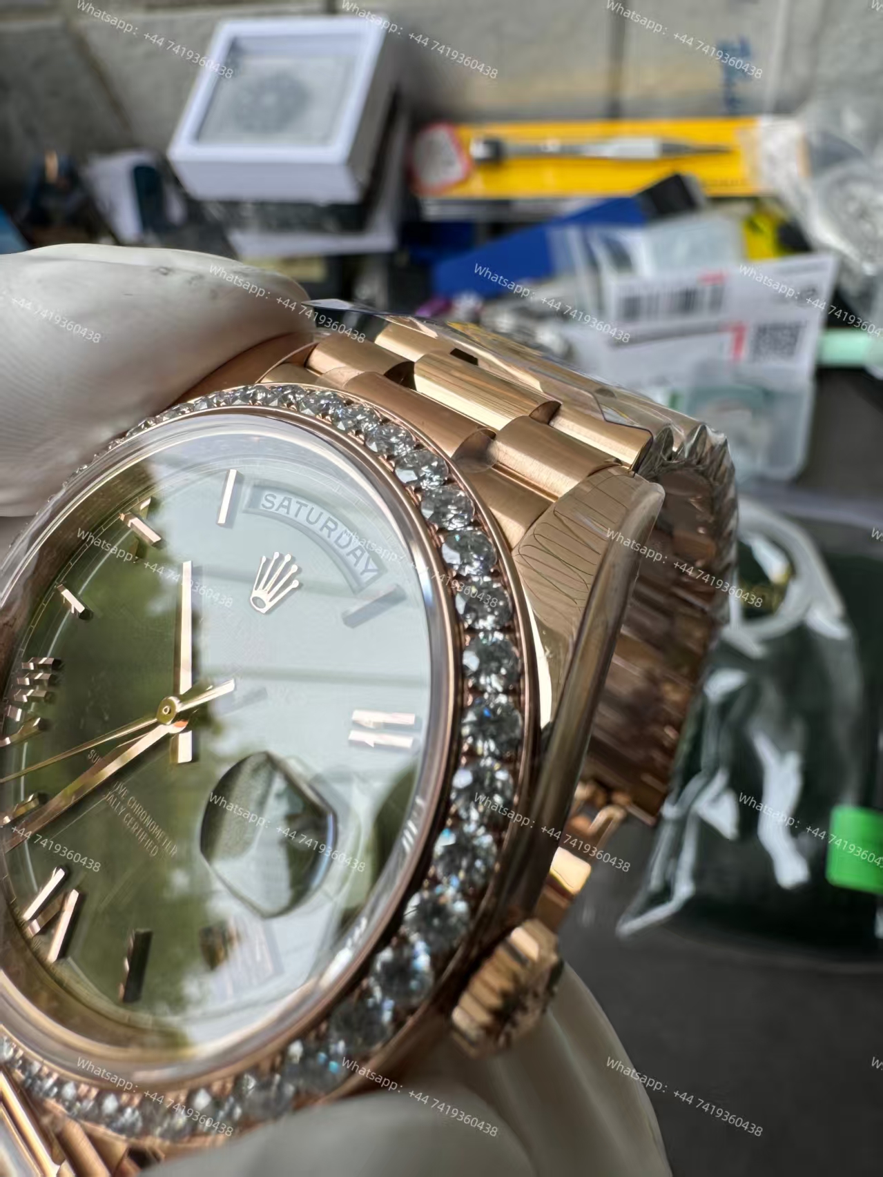 Rolex Day-Date m228345rbr-0011 Olive green dial Mossanite bezel Presidential bracelet 3255 Movement (40mm) Best Super Clone