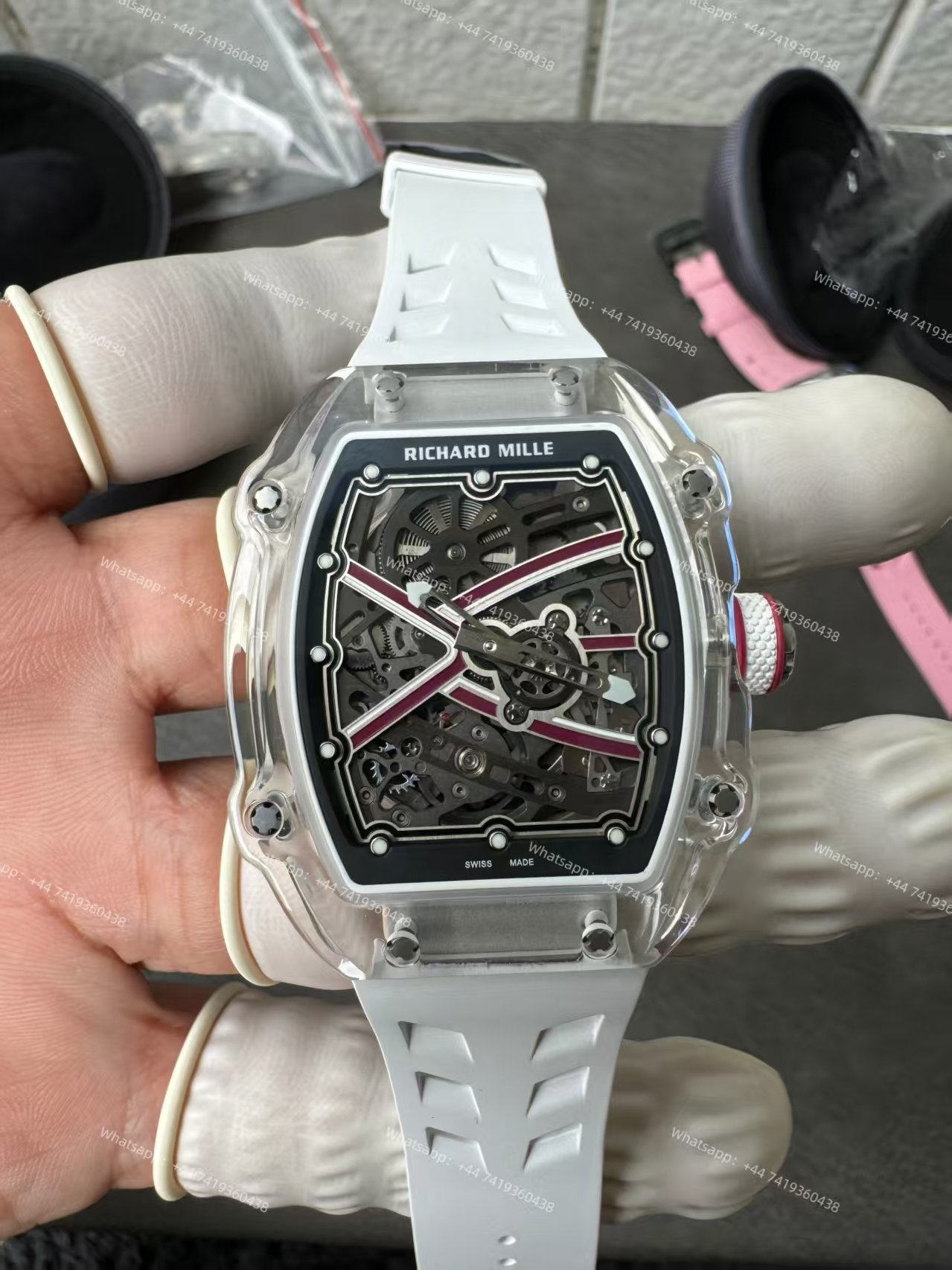 Super Clone Richard Mille RM67-02 Sapphire Crystal Skeleton Tourbillon 1:1 Replica Watch with White Rubber Strap