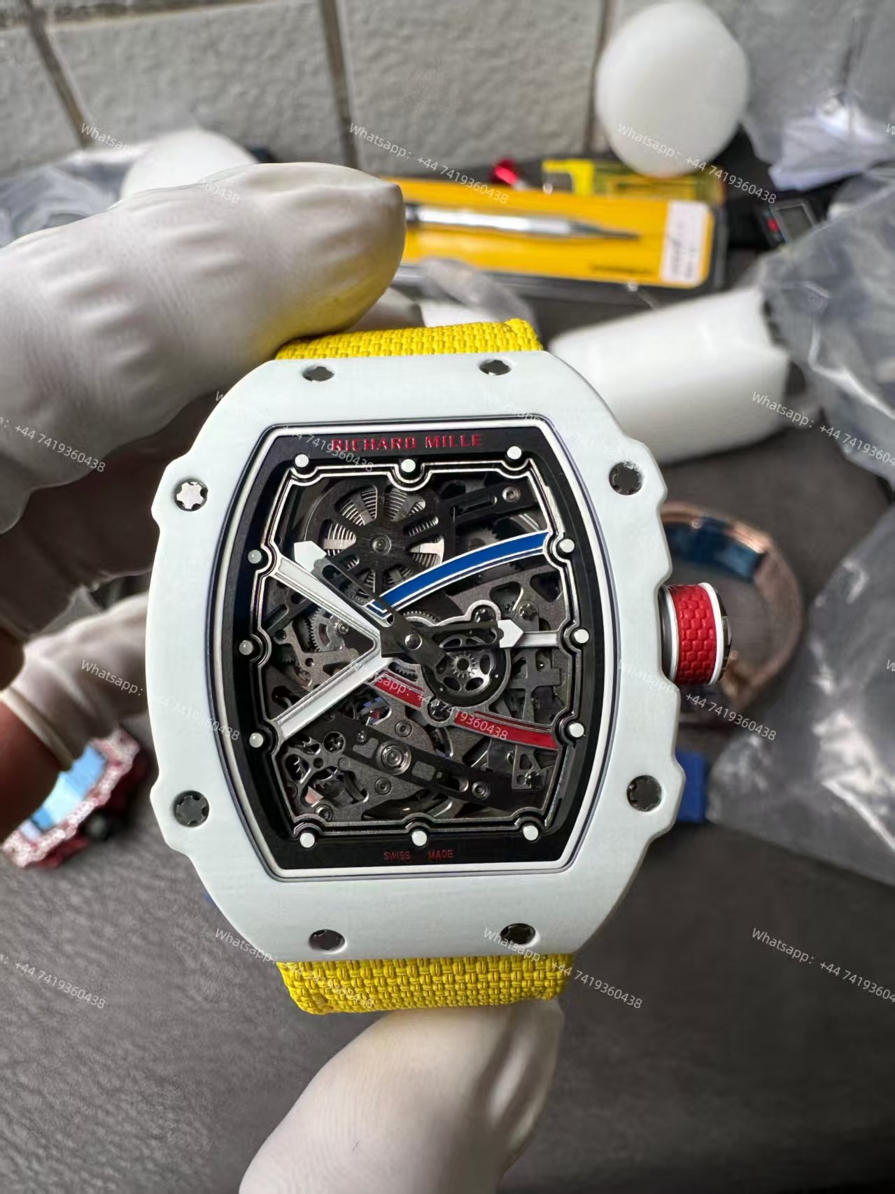 Super Clone Richard Mille RM67-02 White Ceramic Skeleton Tourbillon 1:1 Replica Watch with Yellow Strap