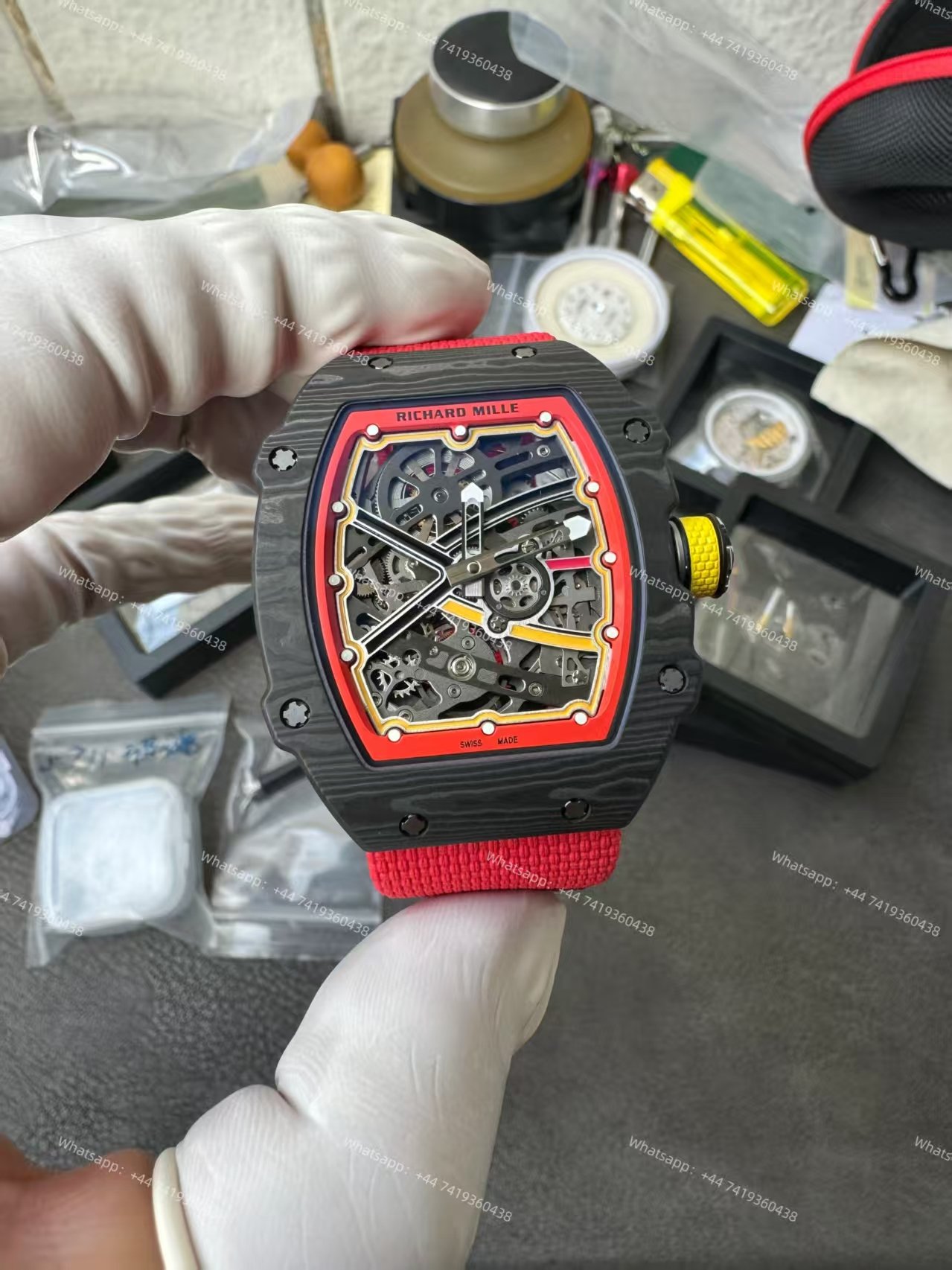 Super Clone Richard Mille RM67-02 Carbon TPT Skeleton Tourbillon 1:1 Replica Watch with Red Strap