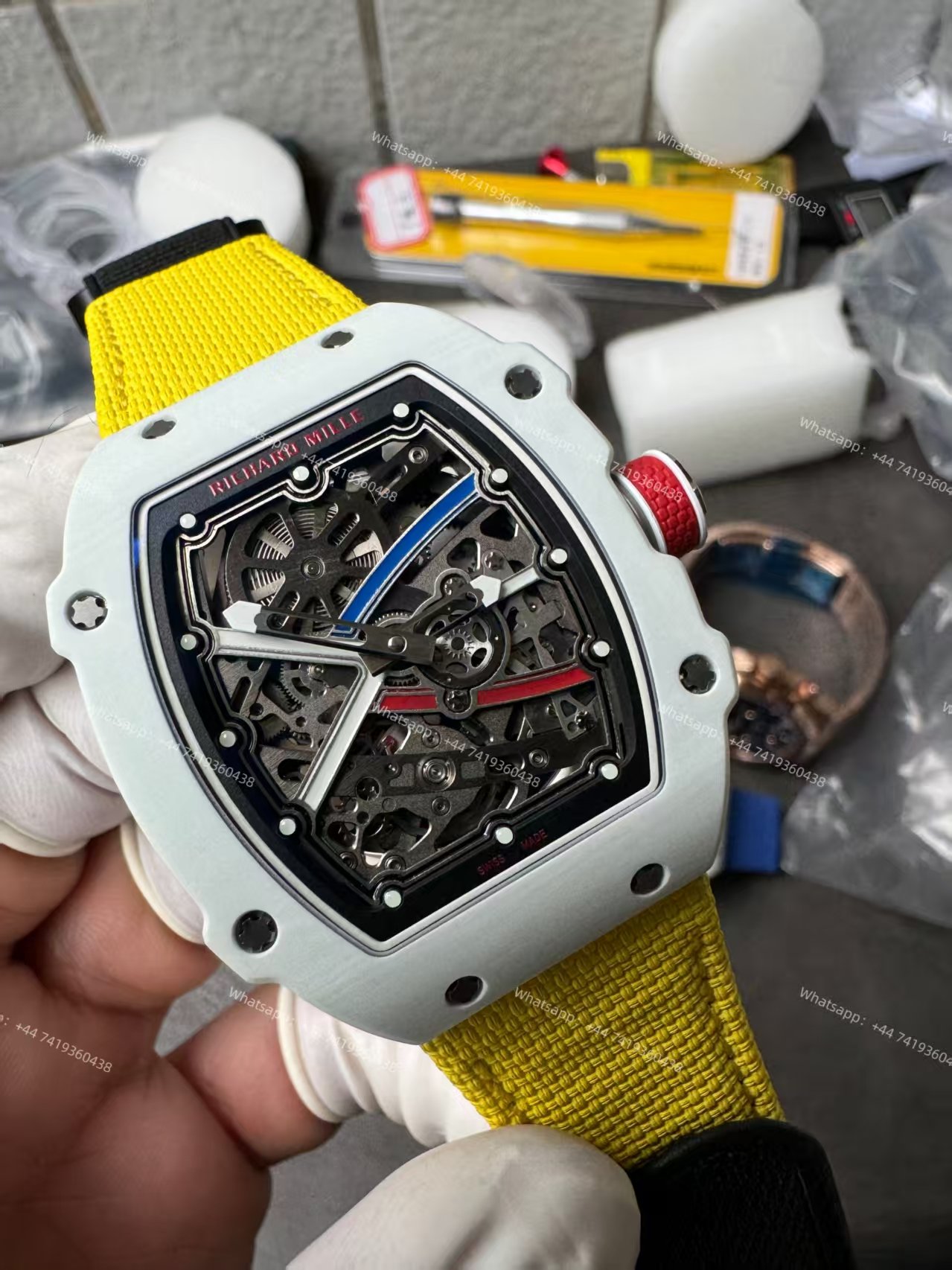 Super Clone Richard Mille RM67-02 White Ceramic Skeleton Tourbillon 1:1 Replica Watch with Yellow Strap