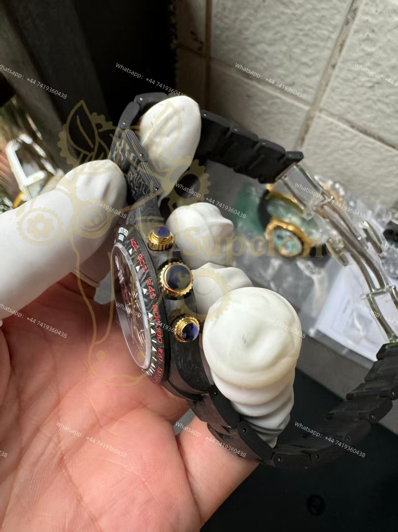 Rolex Super Clone Carbon Fiber Daytona Skeleton Red Accents Gold Pushers