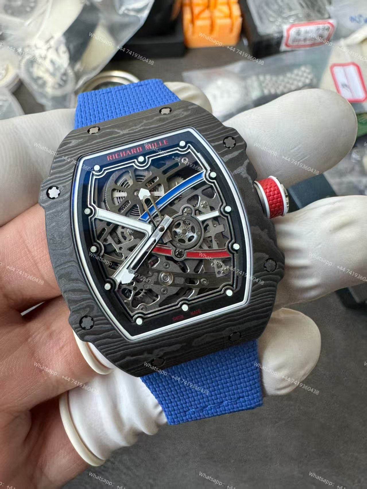 Super Clone Richard Mille RM67-02 Carbon TPT Skeleton Tourbillon 1:1 Replica Watch with Blue Strap