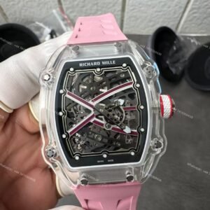 Super Clone Richard Mille RM67-02 Sapphire Crystal Skeleton Tourbillon 1:1 Replica Watch with Pink Rubber Strap