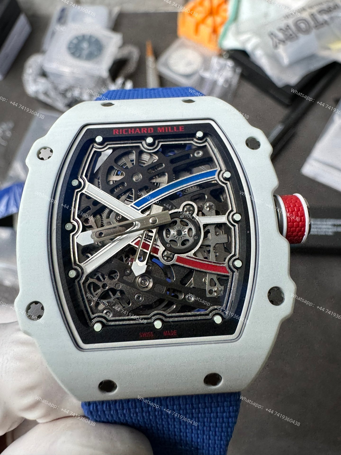 Super Clone Richard Mille RM67-02 White Ceramic Skeleton Tourbillon 1:1 Replica Watch with Blue Strap