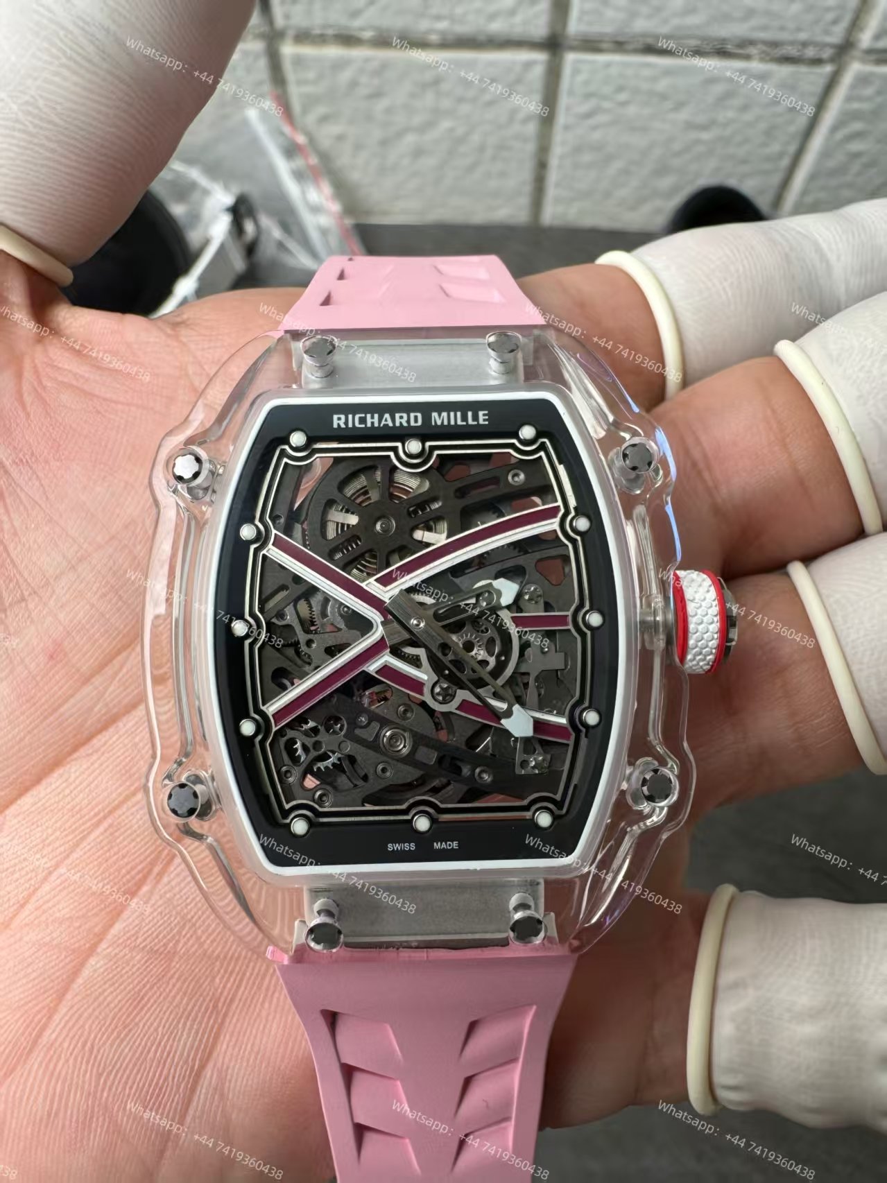 Super Clone Richard Mille RM67-02 Sapphire Crystal Skeleton Tourbillon 1:1 Replica Watch with Pink Rubber Strap