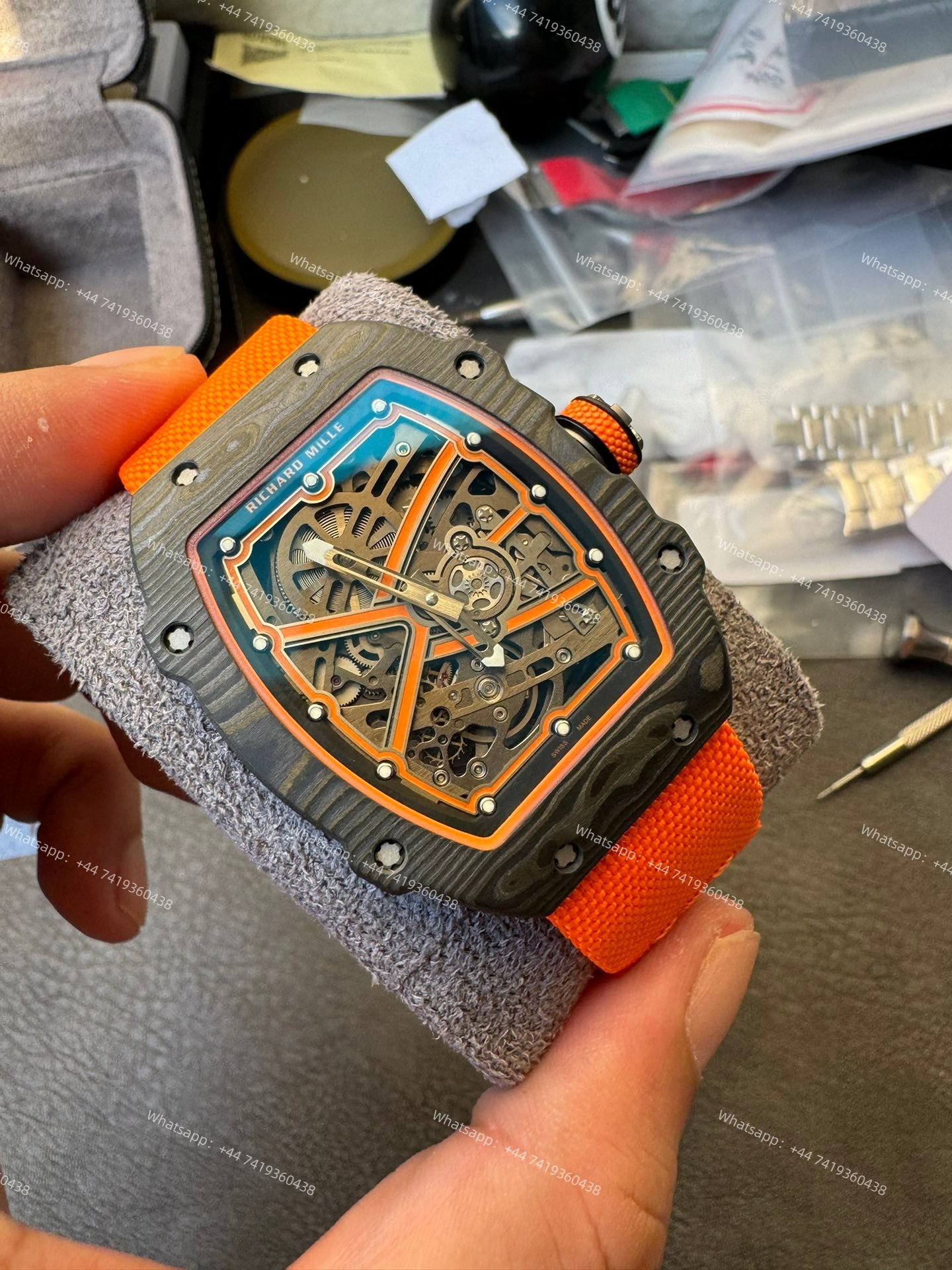 Super Clone Richard Mille RM67-02 Carbon TPT Skeleton Tourbillon 1:1 Replica Watch with Orange Strap