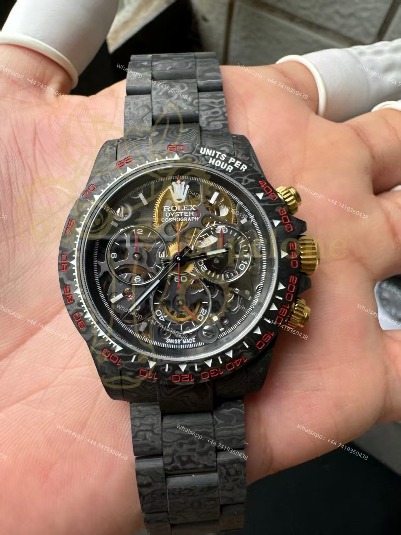 Rolex Super Clone Carbon Fiber Daytona Skeleton Red Accents Gold Pushers