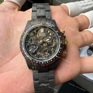 Rolex Super Clone Carbon Fiber Daytona Skeleton Red Accents Gold Pushers