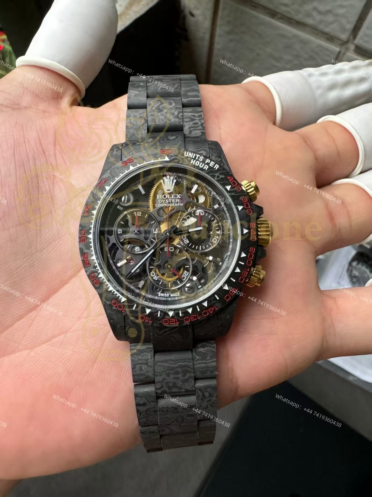 Rolex Super Clone Carbon Fiber Daytona Skeleton Red Accents Gold Pushers