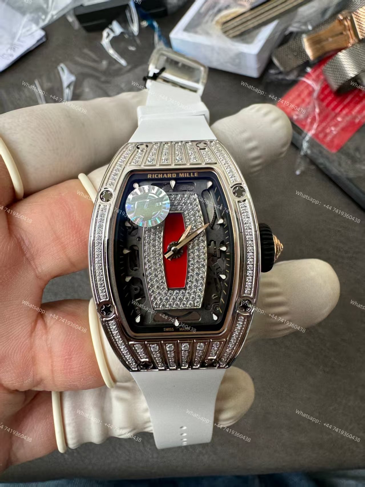 Super Clone Richard Mille RM 07 Full Diamond 1:1 Replica Watch with White Rubber Strap
