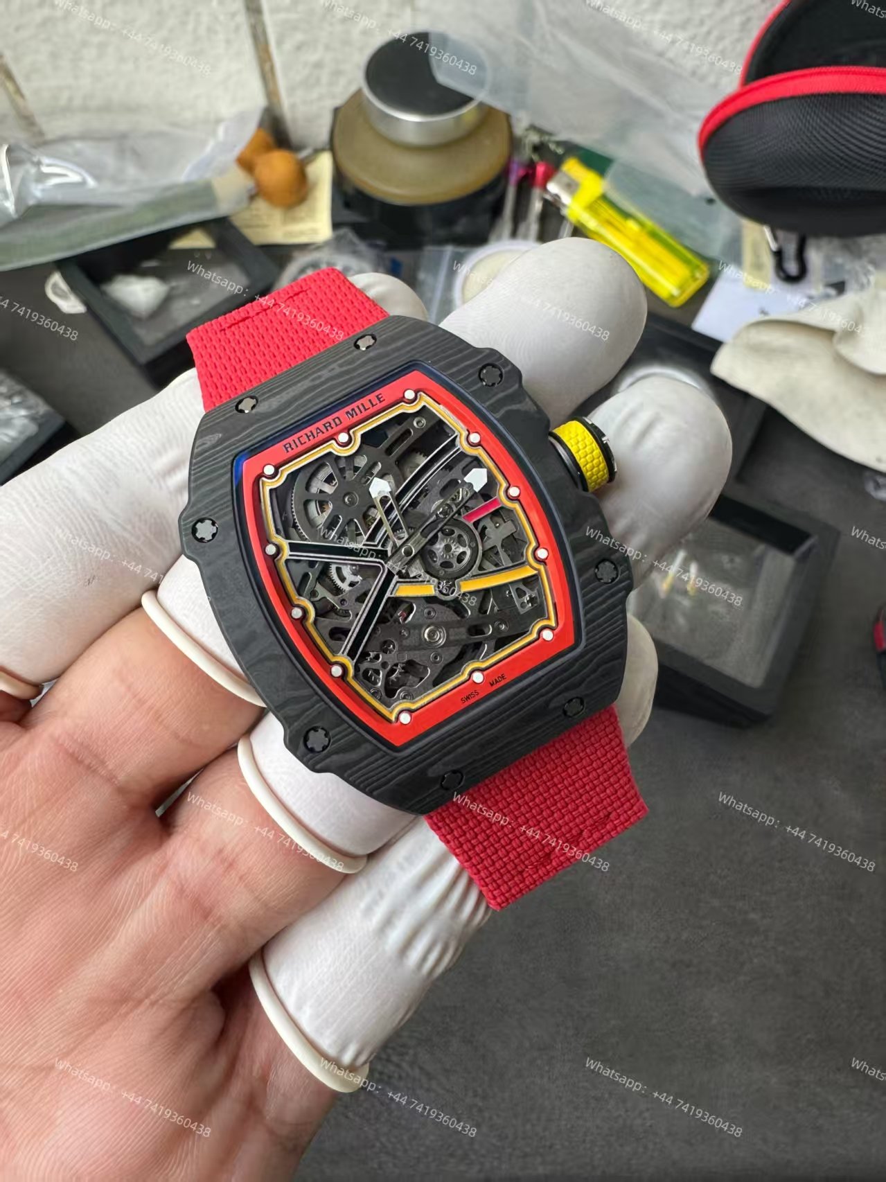Super Clone Richard Mille RM67-02 Carbon TPT Skeleton Tourbillon 1:1 Replica Watch with Red Strap