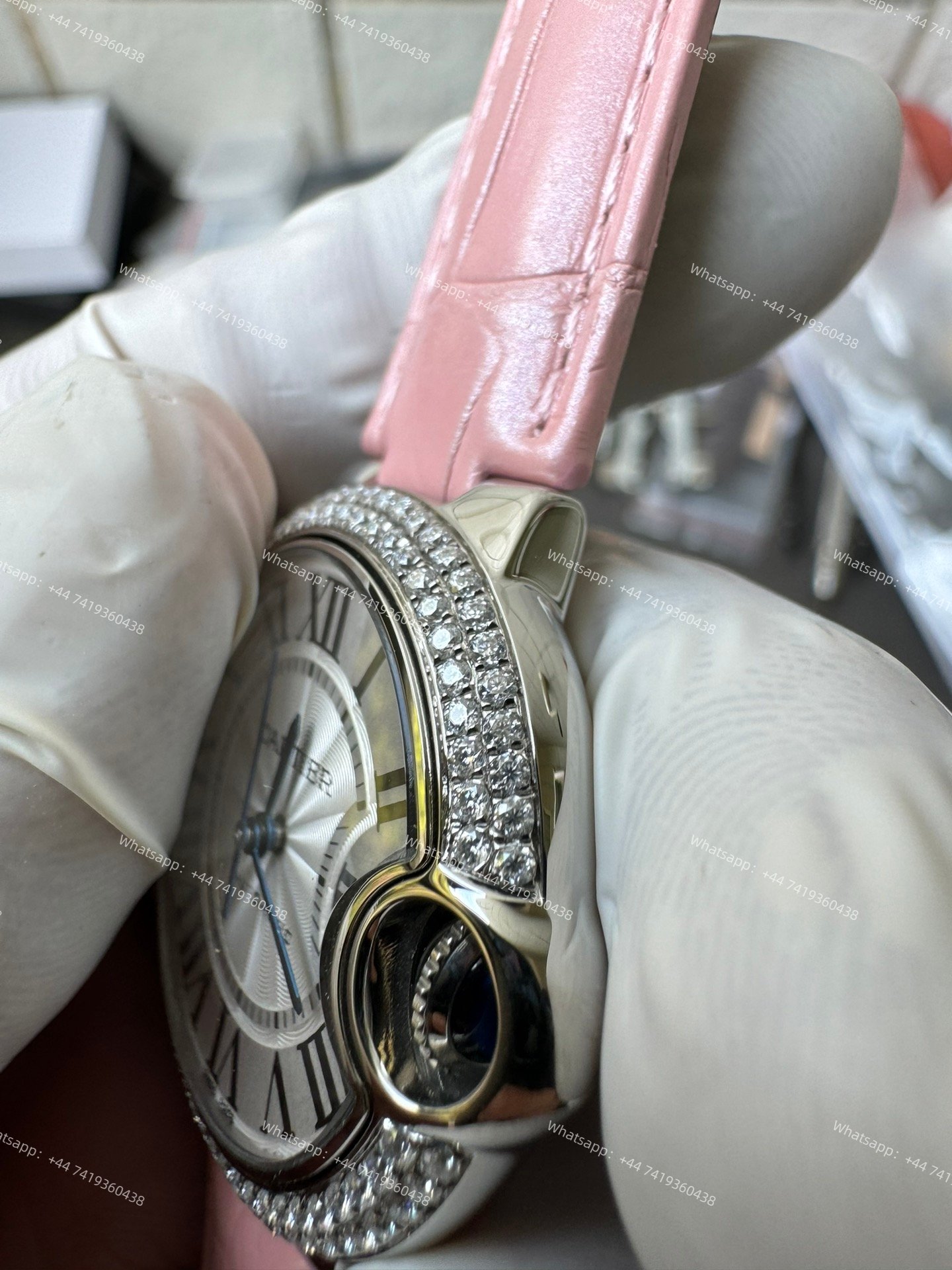 Cartier Super Clone Ballon Bleu Diamond Bezel 33MM Pink Leather Strap